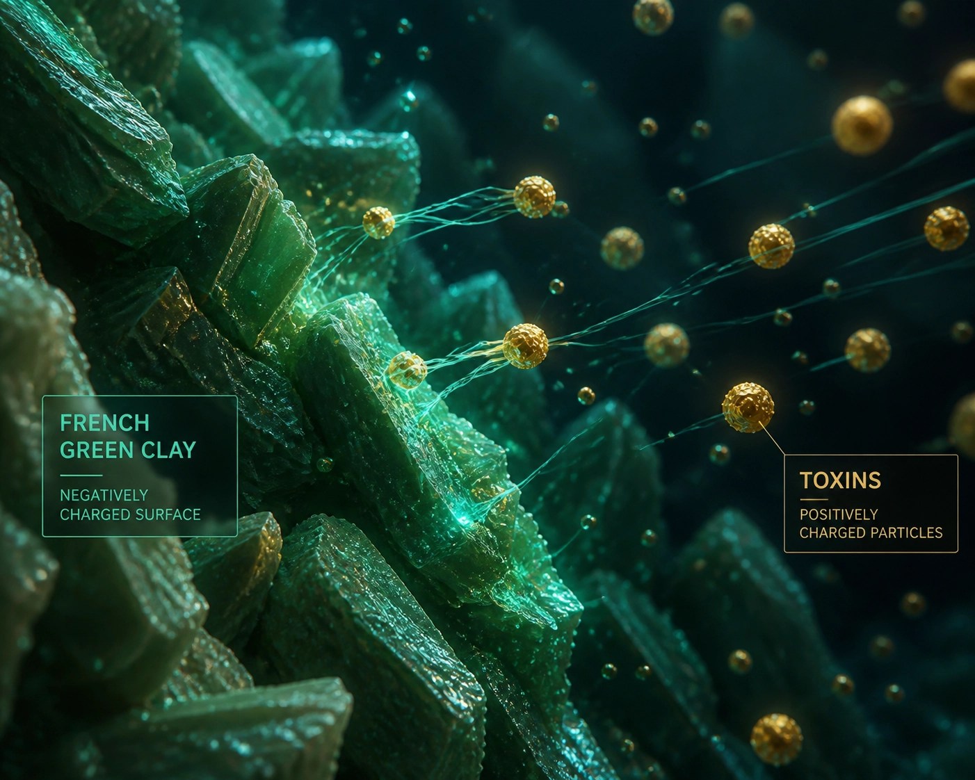 Microscopic visualization of French Green Clay using negative ionic charge to attract and bind toxins.