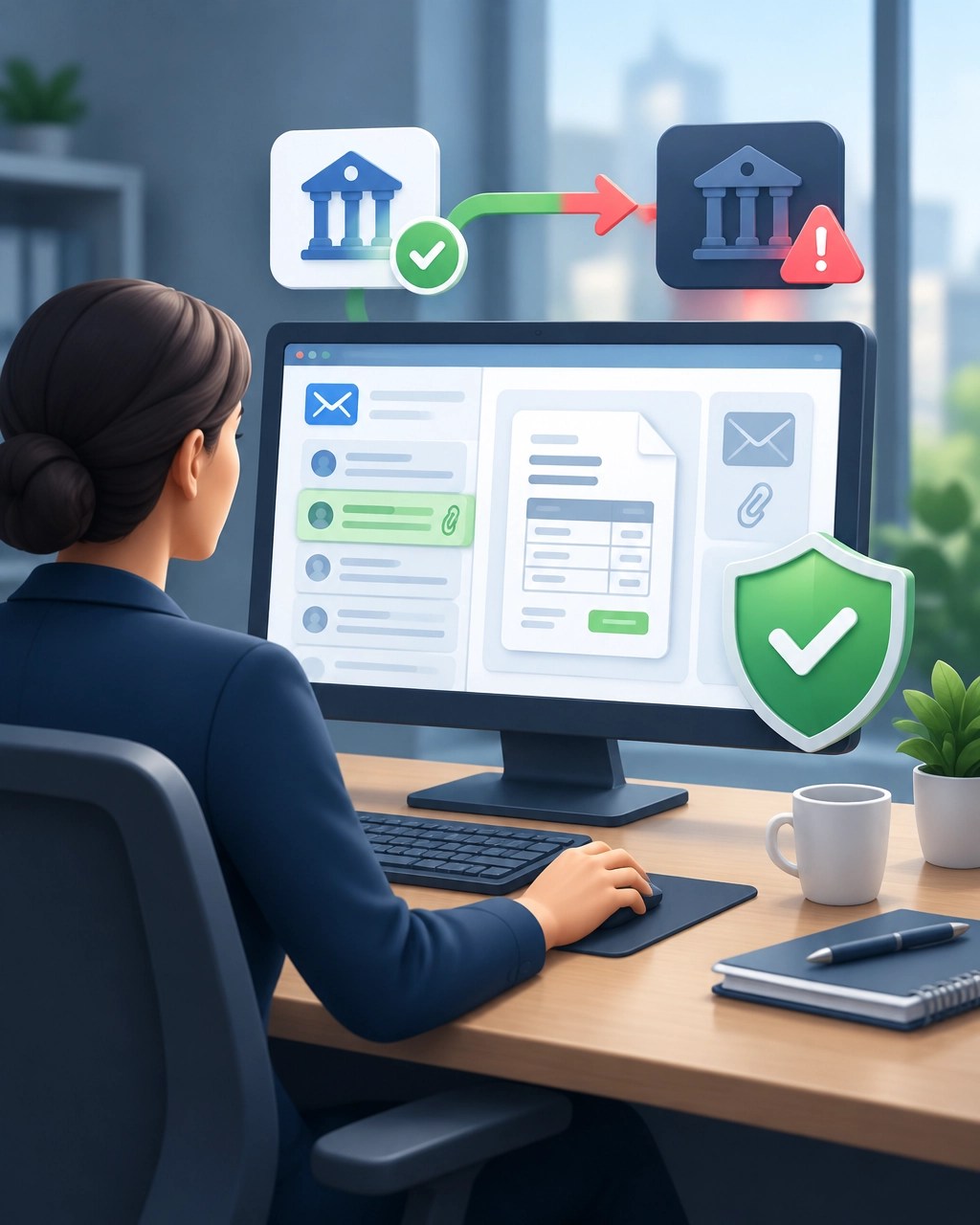 Illustration of an accounts-payable desk with a suspicious invoice and a payment verification alert
