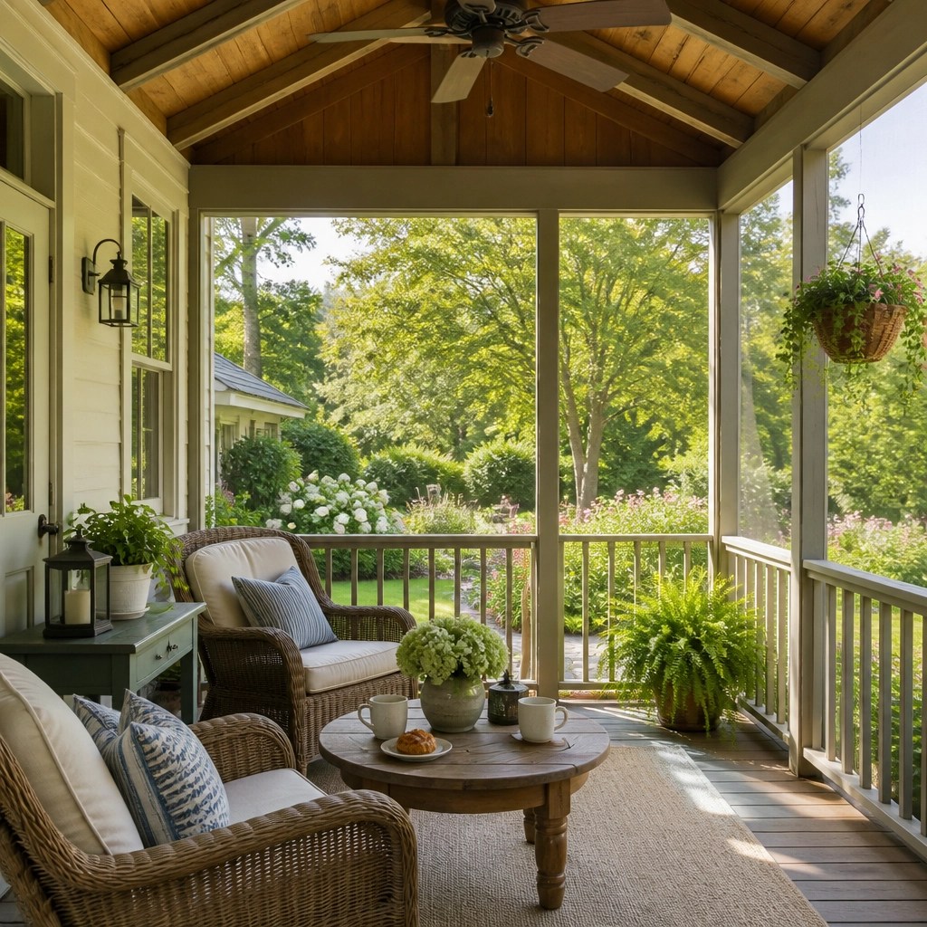 A cozy screened-in porch with a vaulted ceiling and exposed wood beams.