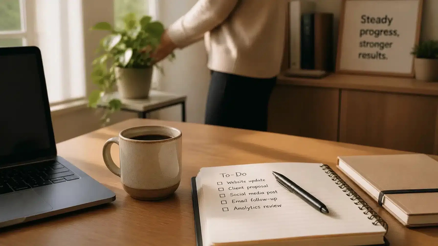 A morning workspace with a to-do list for marketing tasks