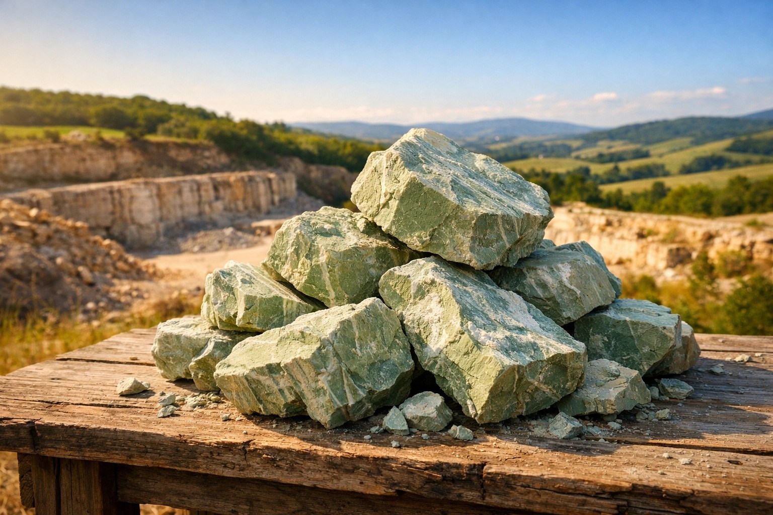 Raw chunks of mineral-rich French green illite clay from a natural quarry for skin health.