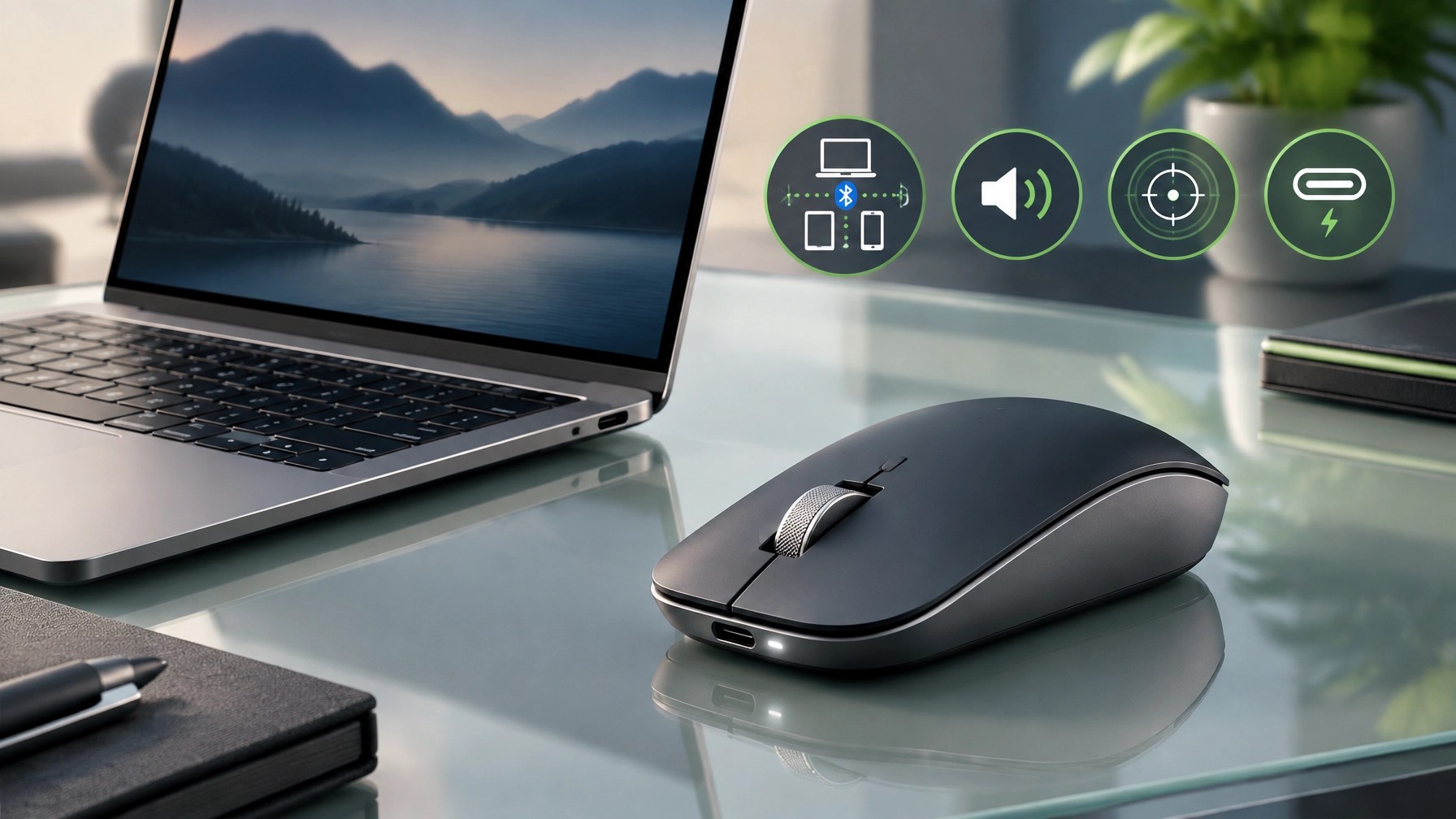 Illustration of a compact wireless travel mouse beside a laptop on a glass tabletop, with subtle visual cues for tracking, Bluetooth, and USB-C charging