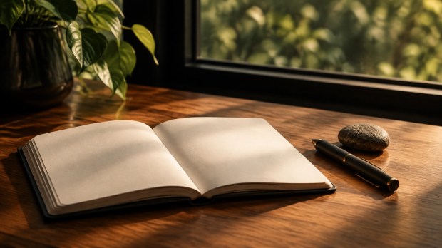 Open blank notebook beside a stone on a warm wooden table with blurred green foliage