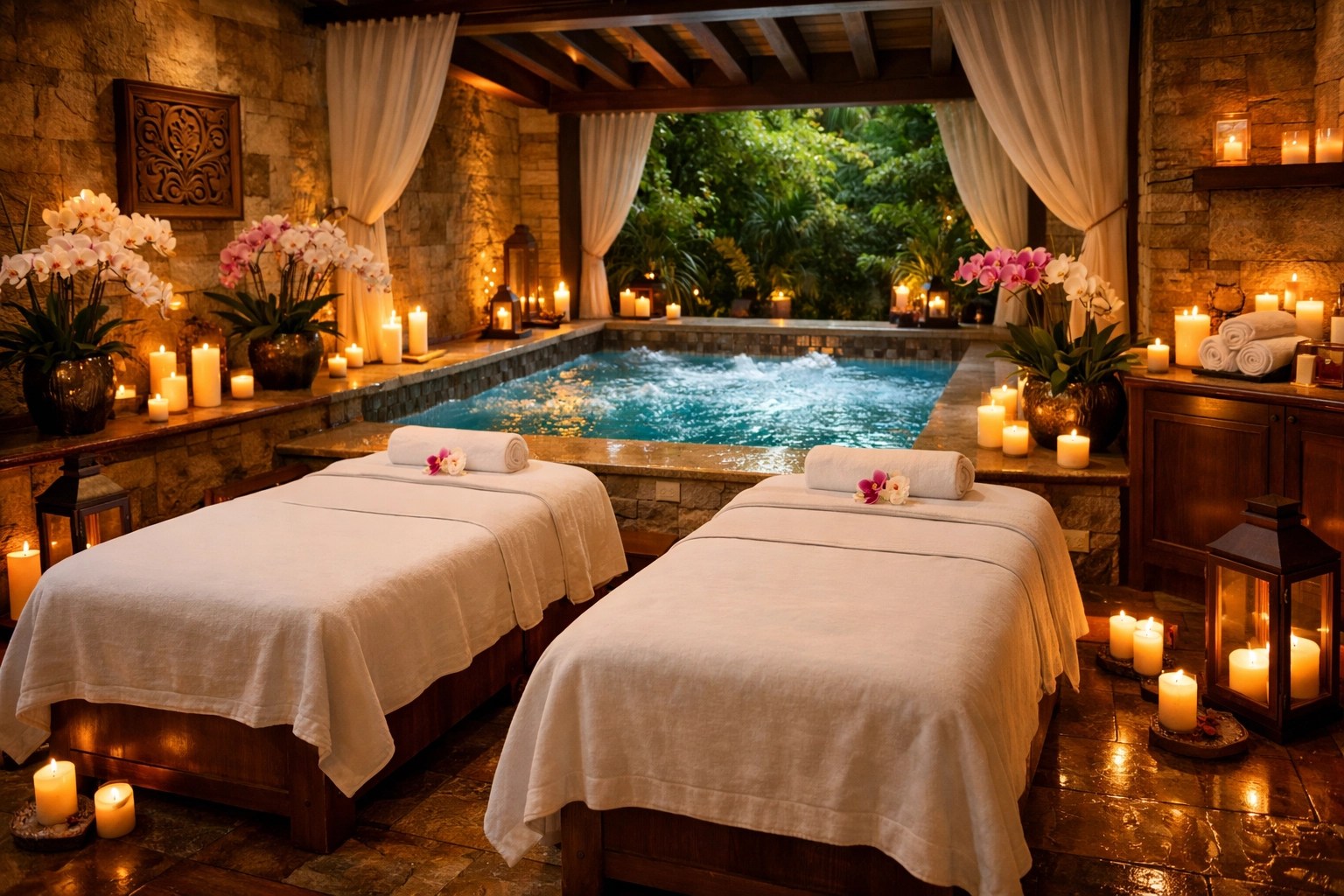 Couples spa suite at Secrets La Romana Resort in Dominican Republic with massage tables