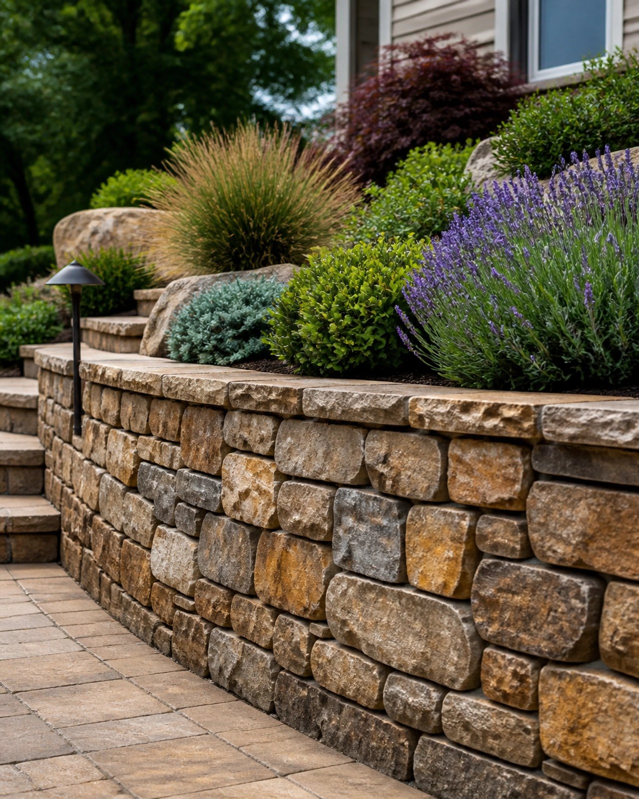 A detailed shot of a well-constructed stone retaining wall in a residential garden. The wall features natural earth-toned stones and is surrounded by low-maintenance shrubs and ornamental grasses.