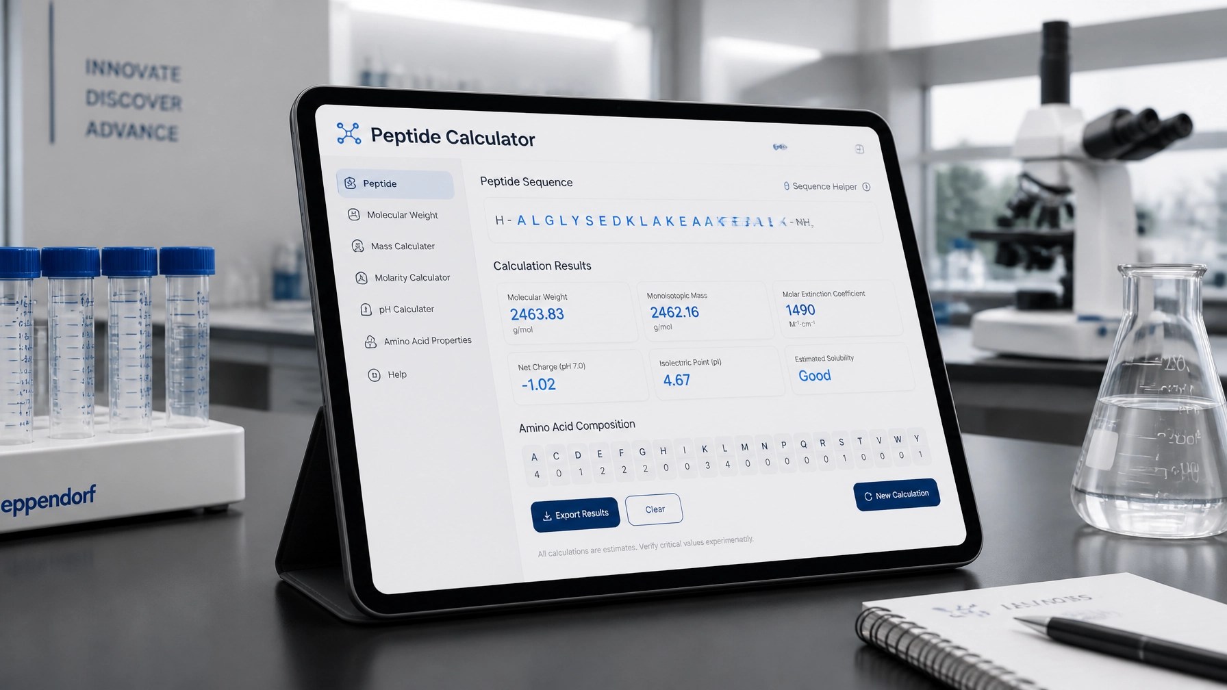 A sleek, modern laboratory setting with a peptide calculator interface visible on a high-end tablet.