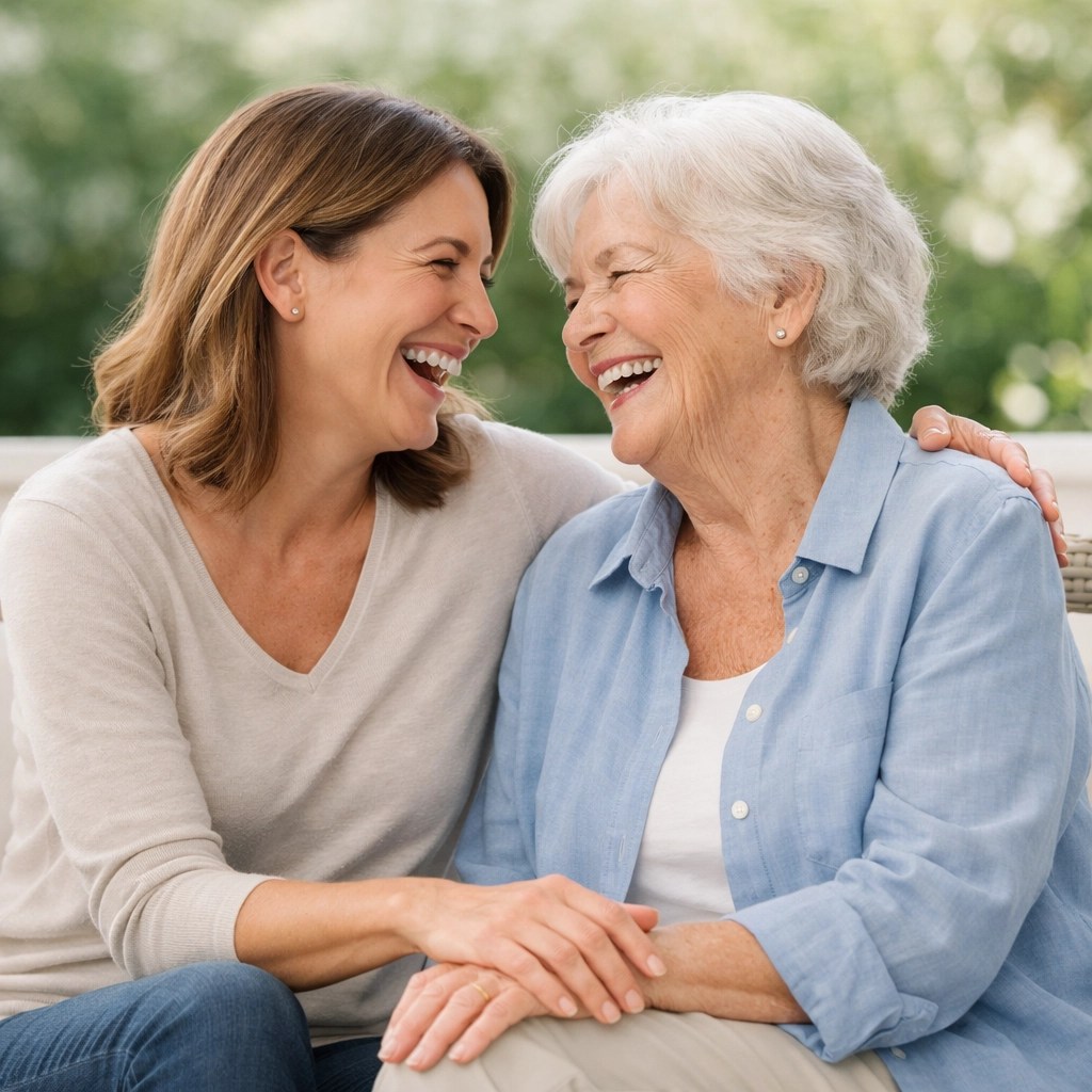 Elderly woman and caregiver laughing together, highlighting the peace of mind from reliable transport.