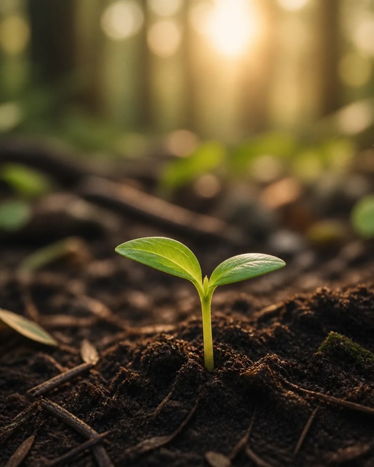 A close-up photograph of a delicate green seedling emerging from the earth, symbolizing quiet resilience and new beginnings.