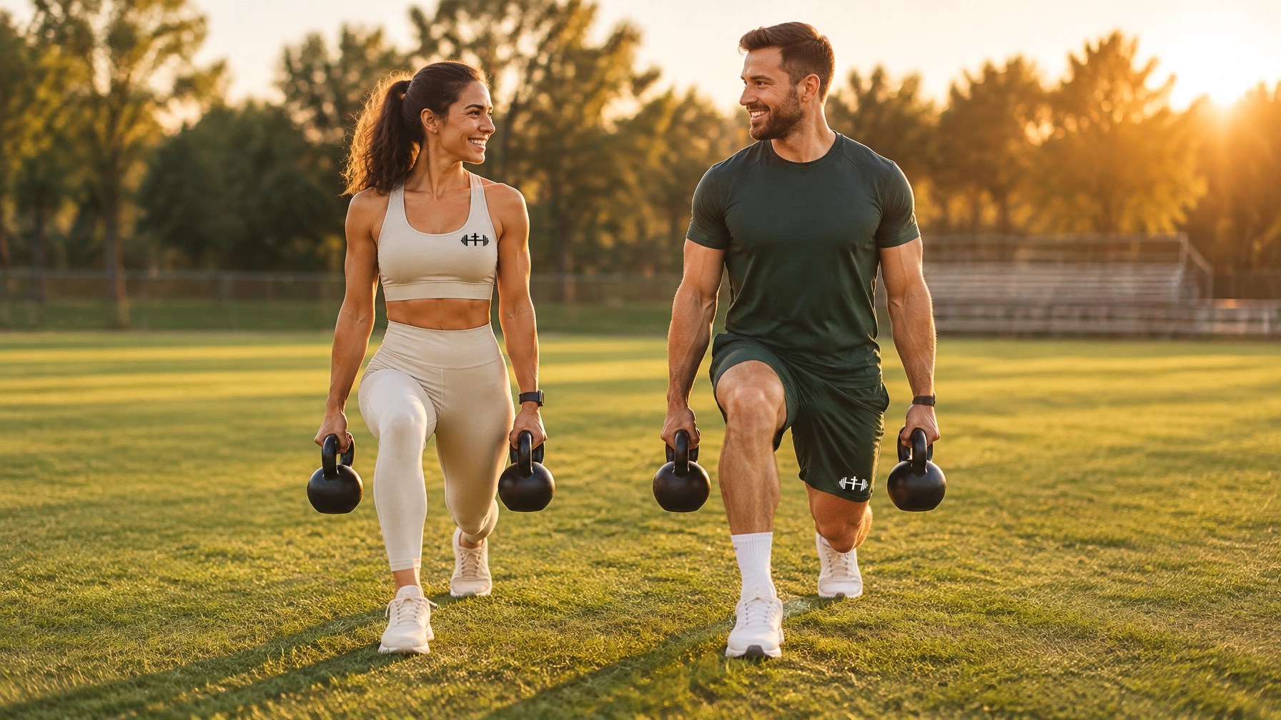Couple performing synchronized walking lunges with kettlebells on an outdoor athletic field while wearing coordinated faith-based training apparel