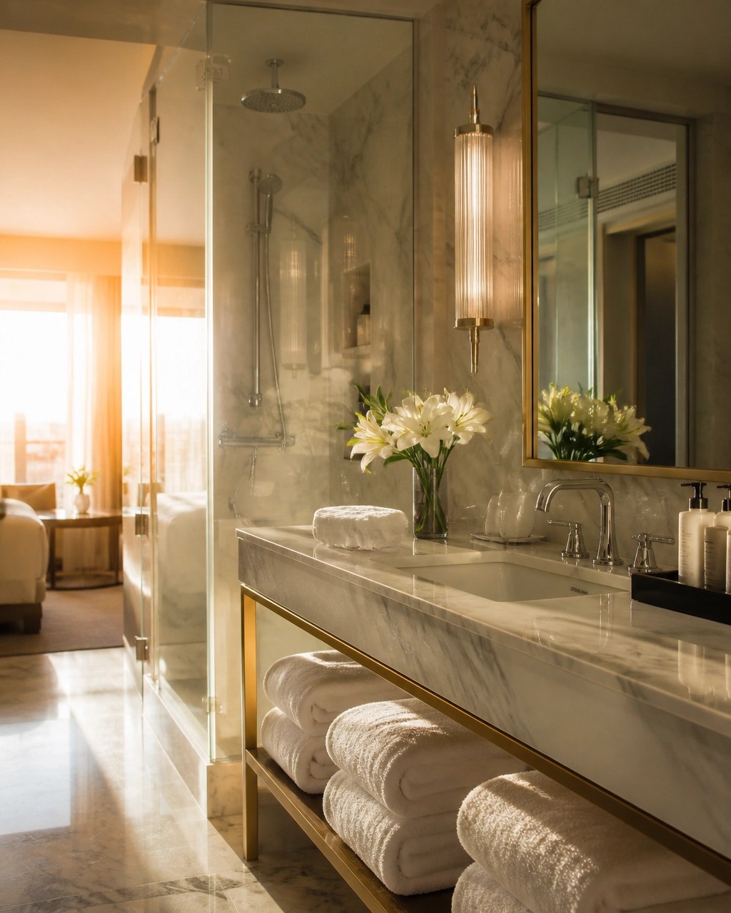 Luxury hotel bathroom with marble vanity, folded towels, and soft golden morning light