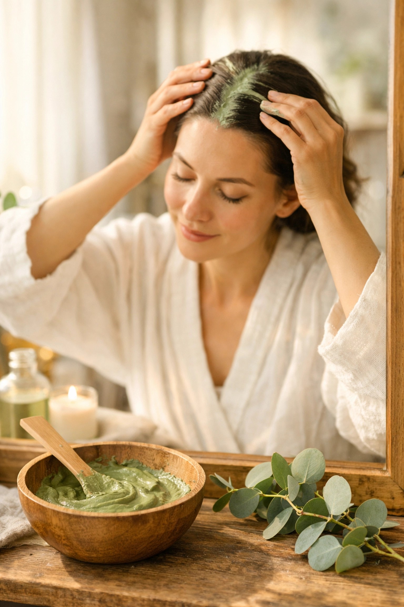 Person applying a green clay scalp treatment for natural dandruff relief and healthy hair care.
