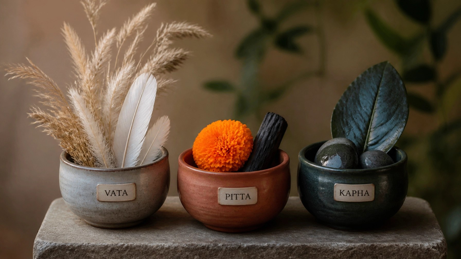 Three ceramic vessels representing the elements of Vata, Pitta, and Kapha through natural materials like feathers, flowers, and stones.