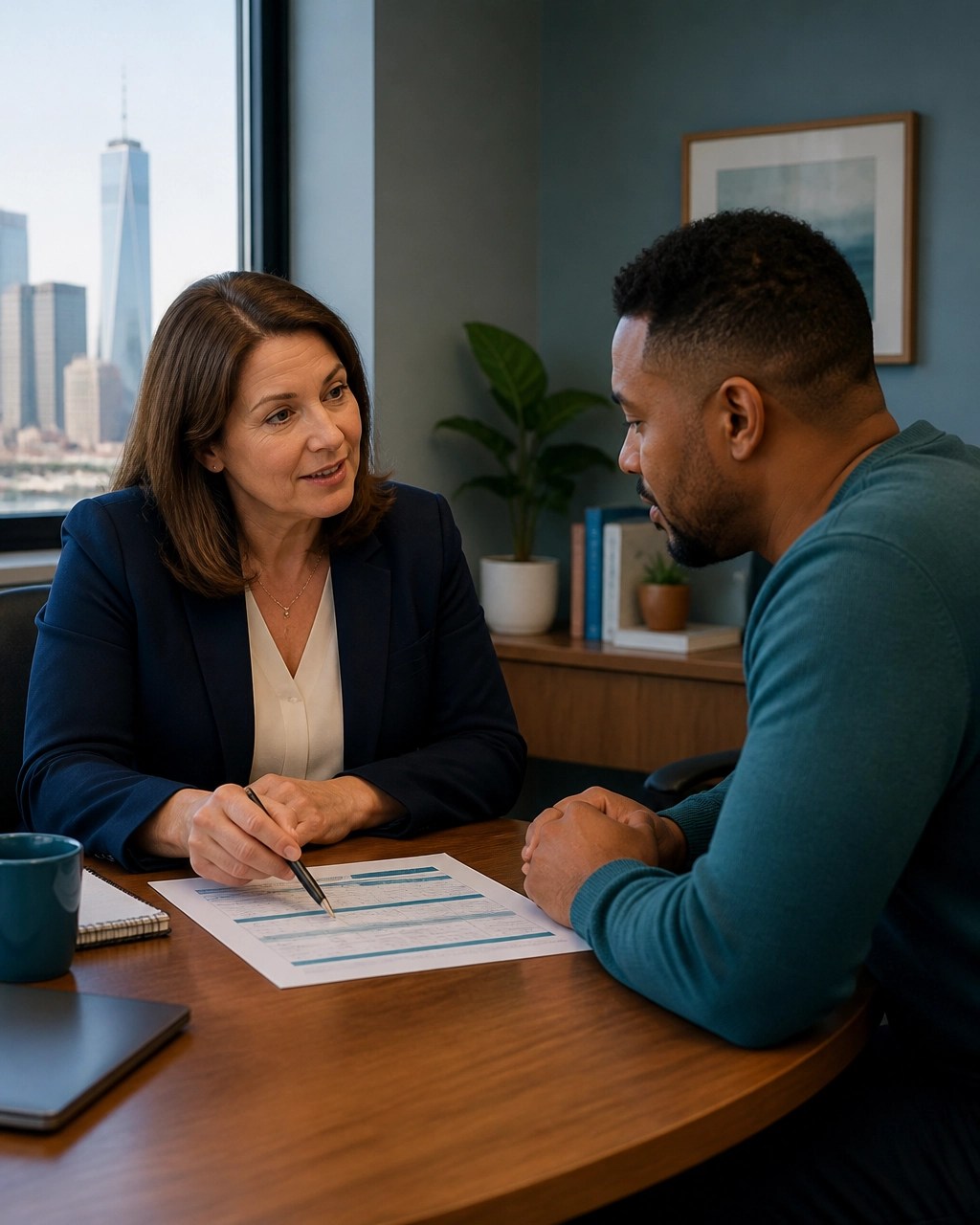 Insurance advisor helping a New York resident review a personalized health plan comparison
