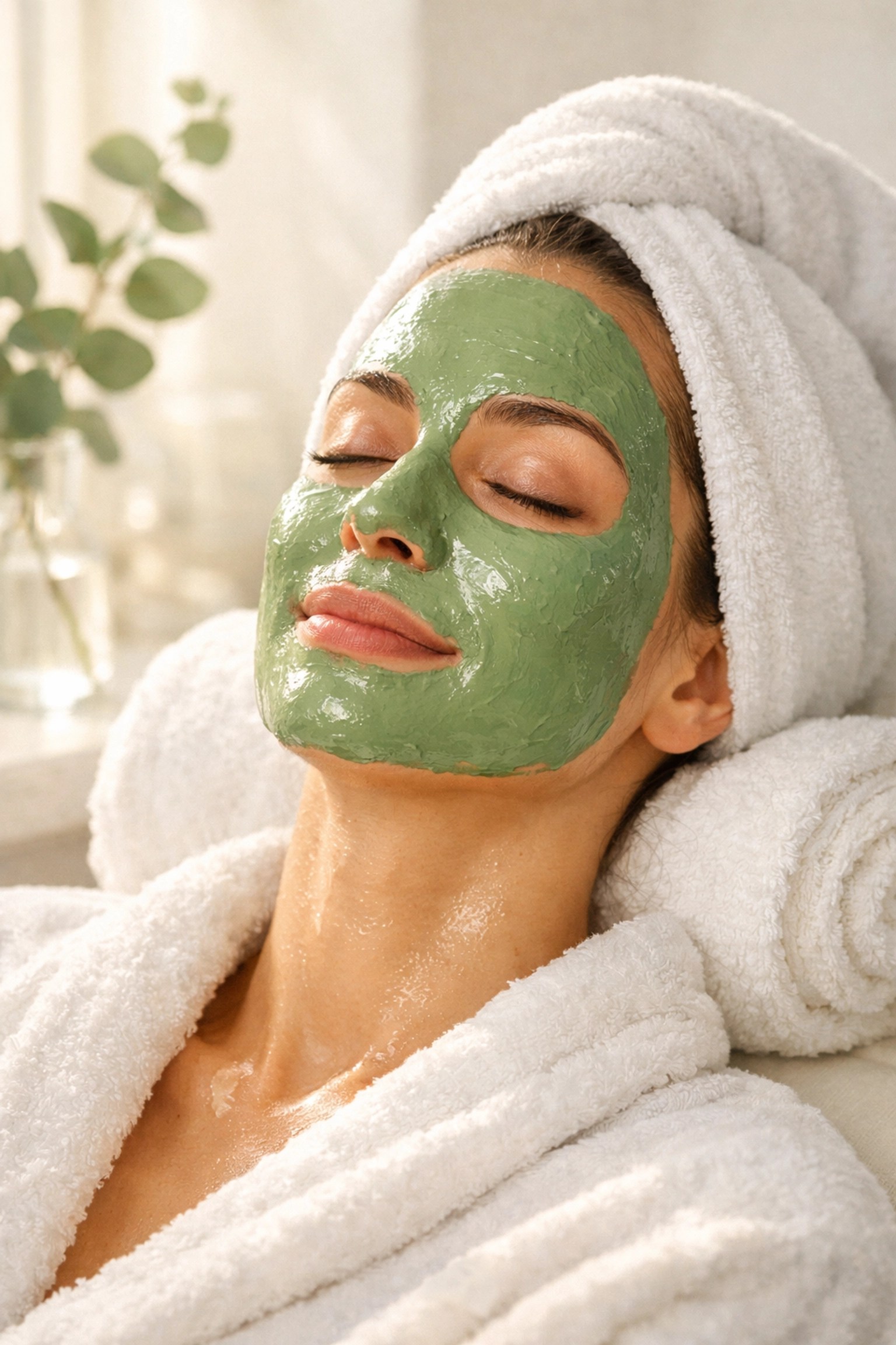 A person relaxing with a smooth green clay facial mask applied for deep skin detoxification and natural healing.