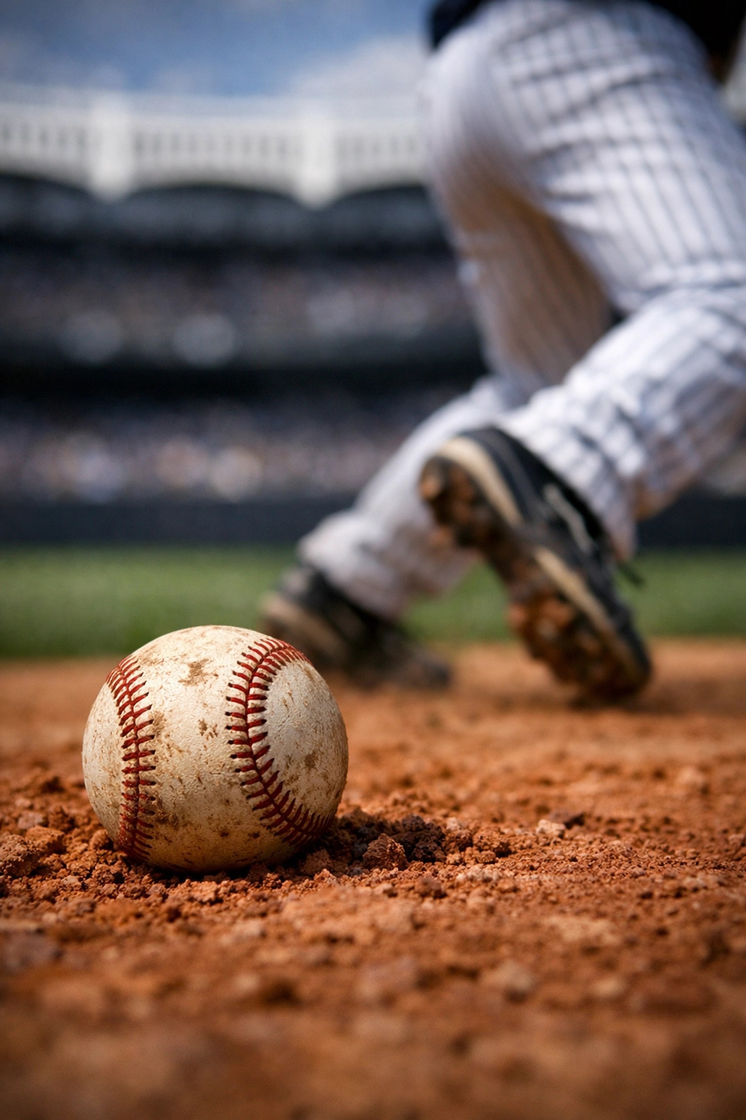 Close-up of a baseball on the pitcher's mound at Yankee Stadium with a player in pinstripes in the background.