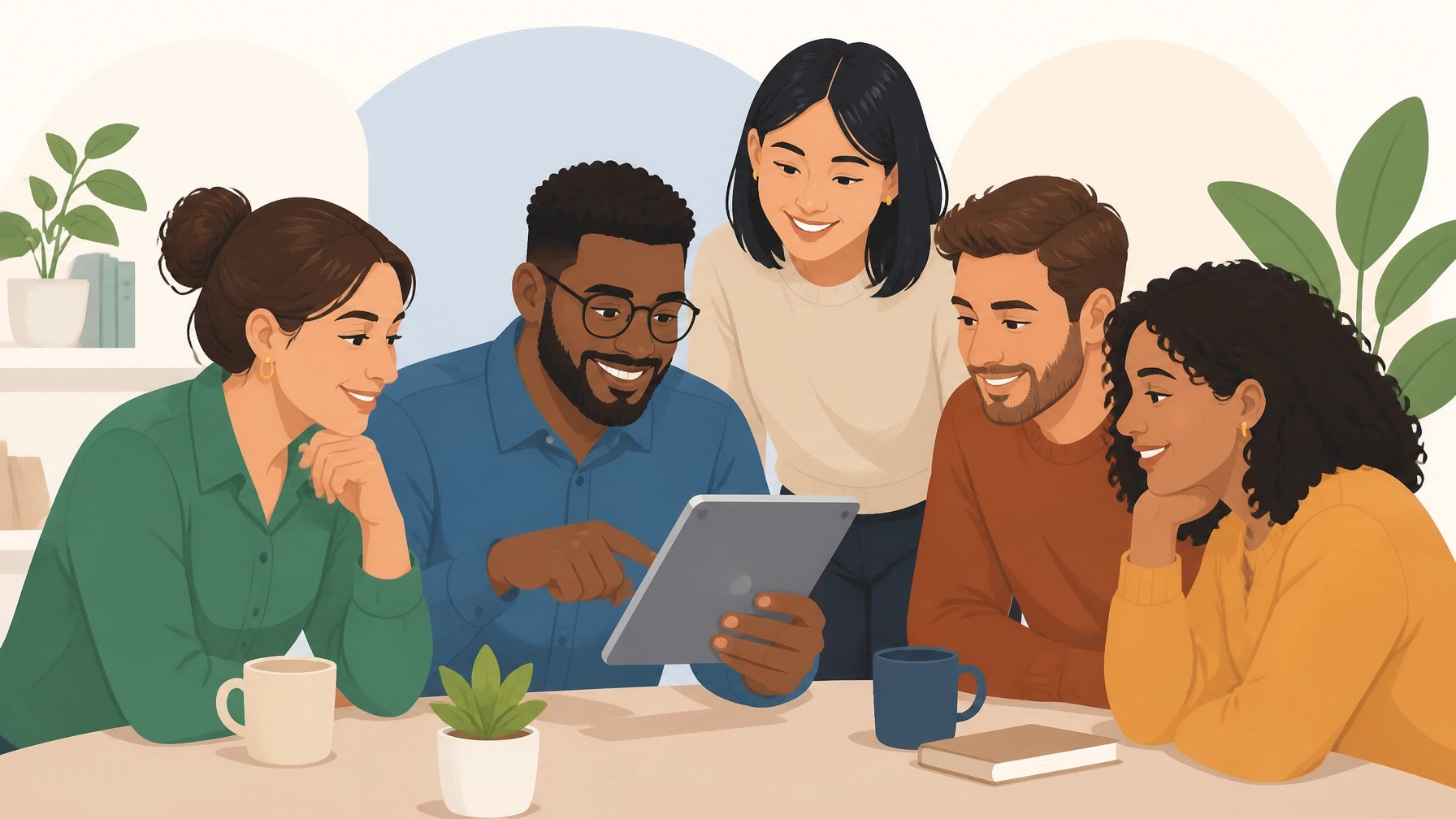 Vector illustration of a small diverse team reviewing a benefits summary on a tablet together: collaborative, uncluttered