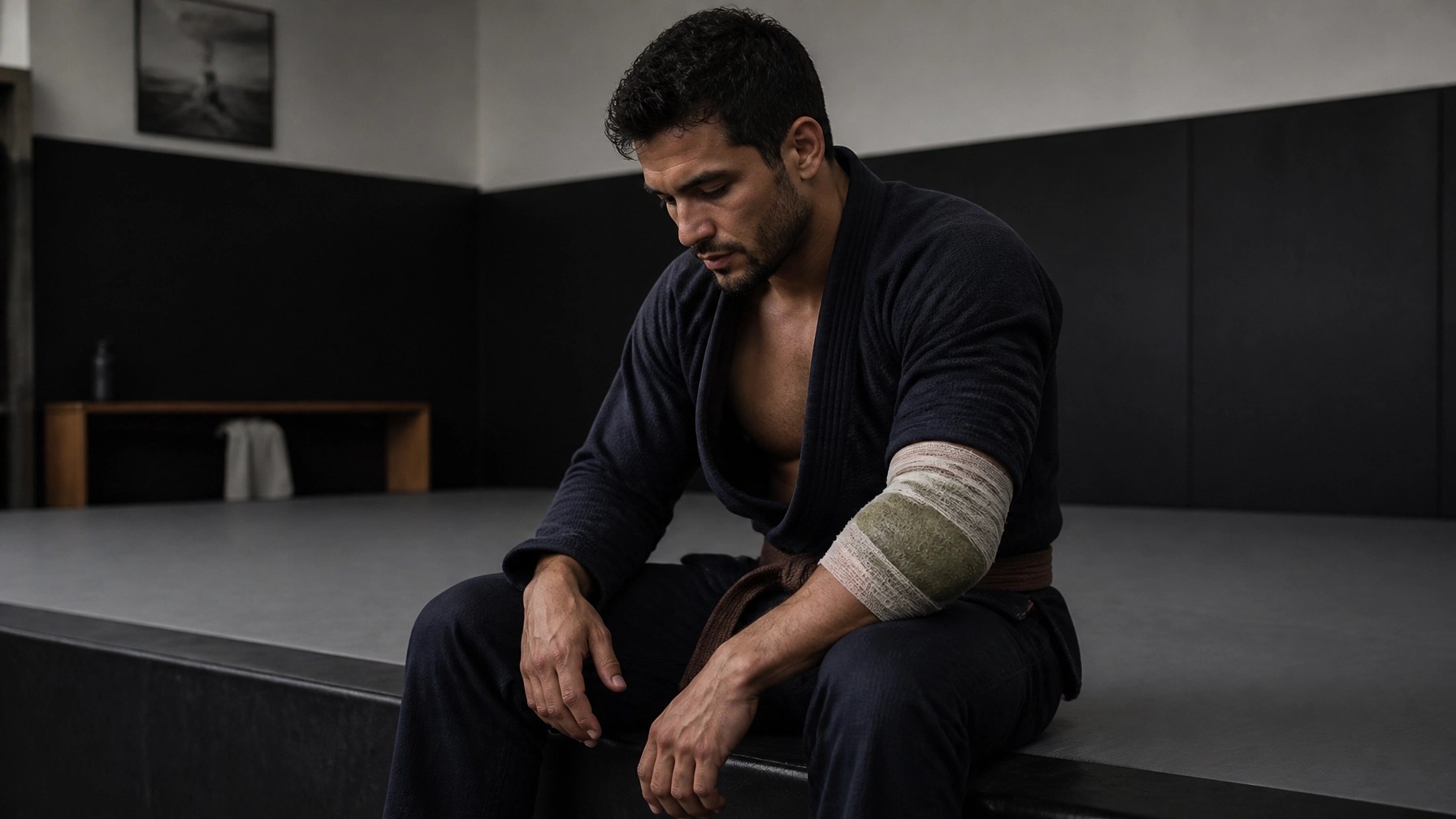 A Brazilian Jiu-Jitsu athlete sitting on the edge of a mat, resting after a session. They have a green clay poultice wrapped in a light gauze around their elbow. The atmosphere is quiet and focused on recovery. No logos or branding.