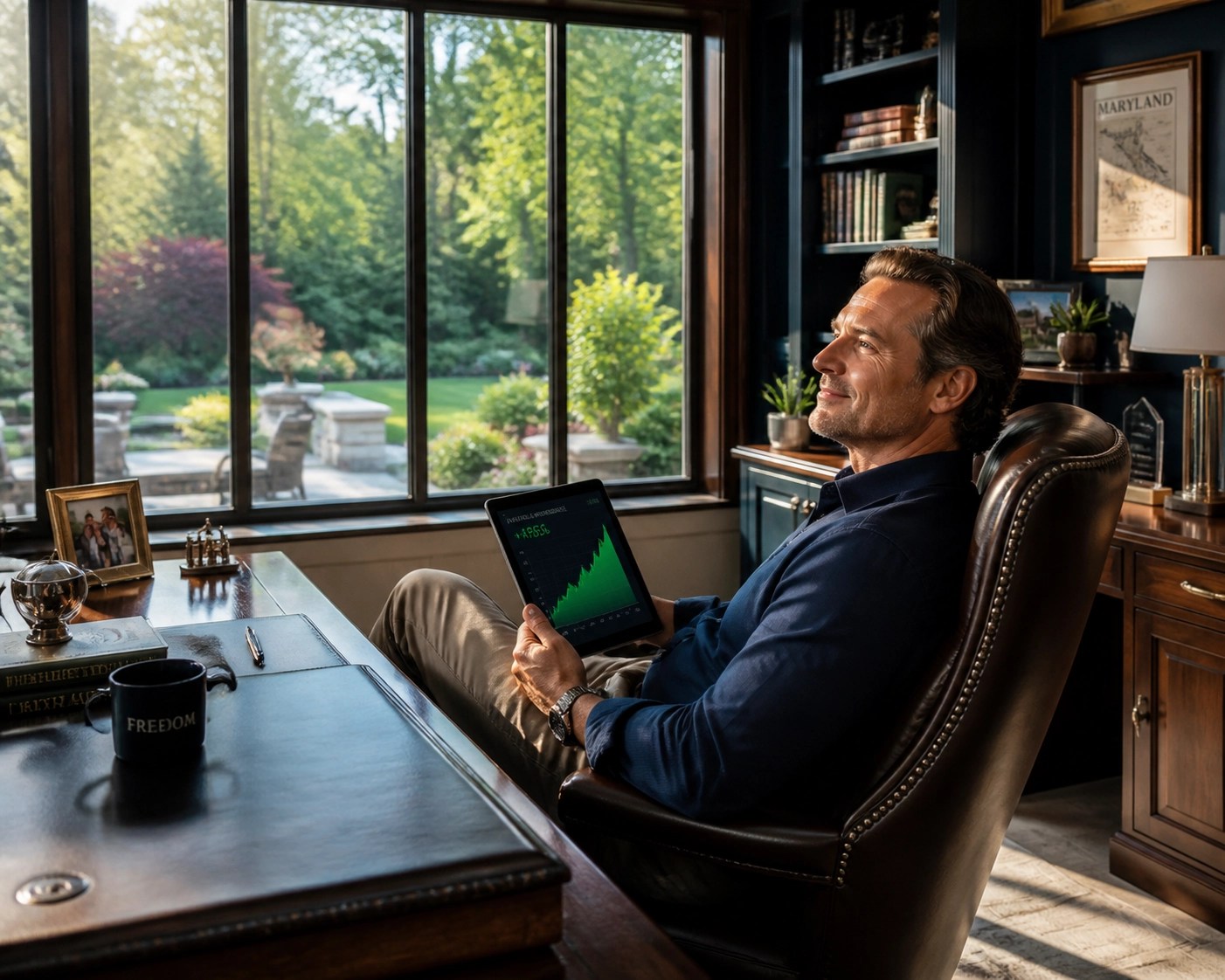 Professional in a Maryland home office viewing an instant pay raise and increased cash flow on a tablet.