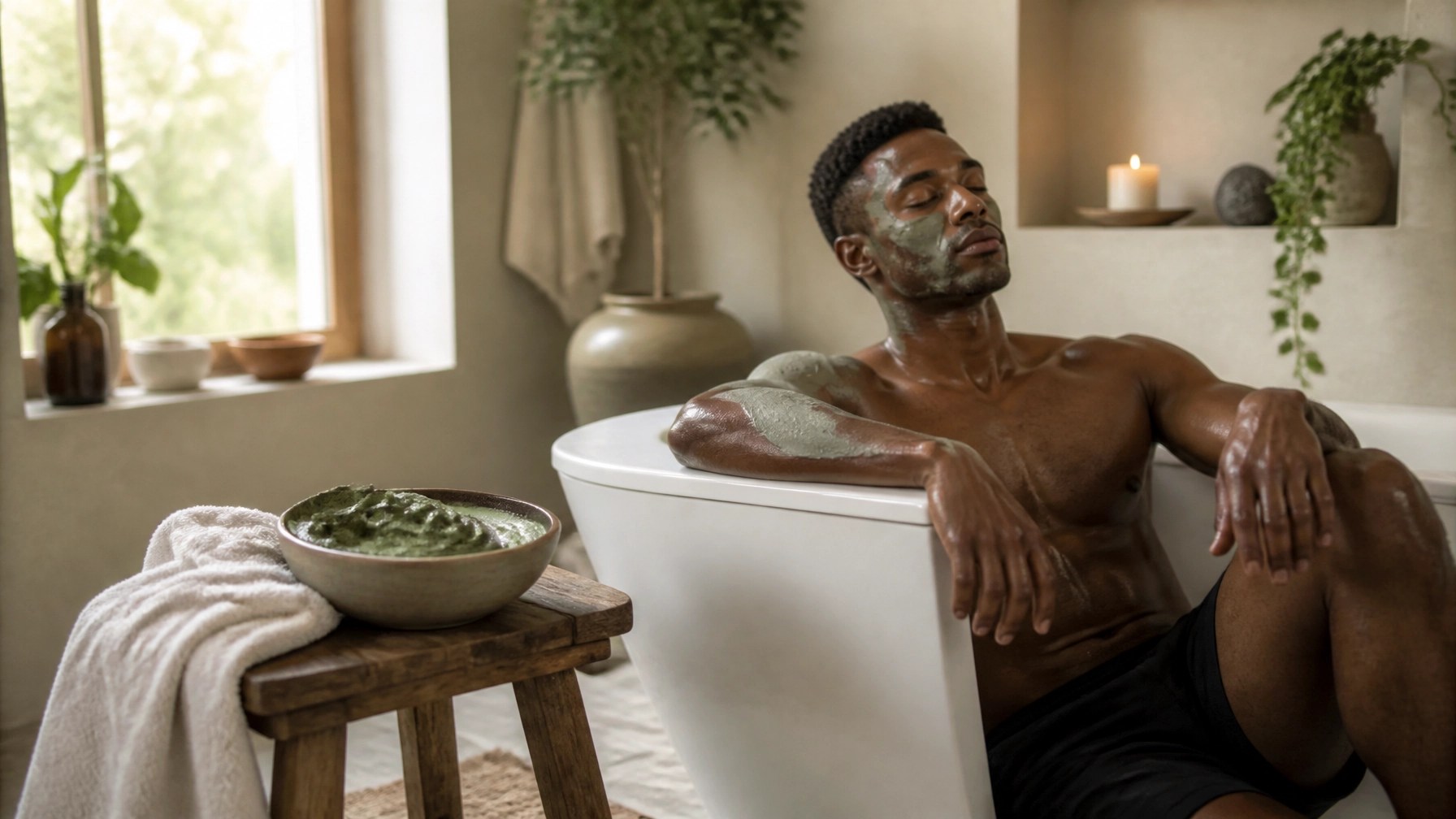 A serene home recovery setup with a bowl of green clay and a white towel