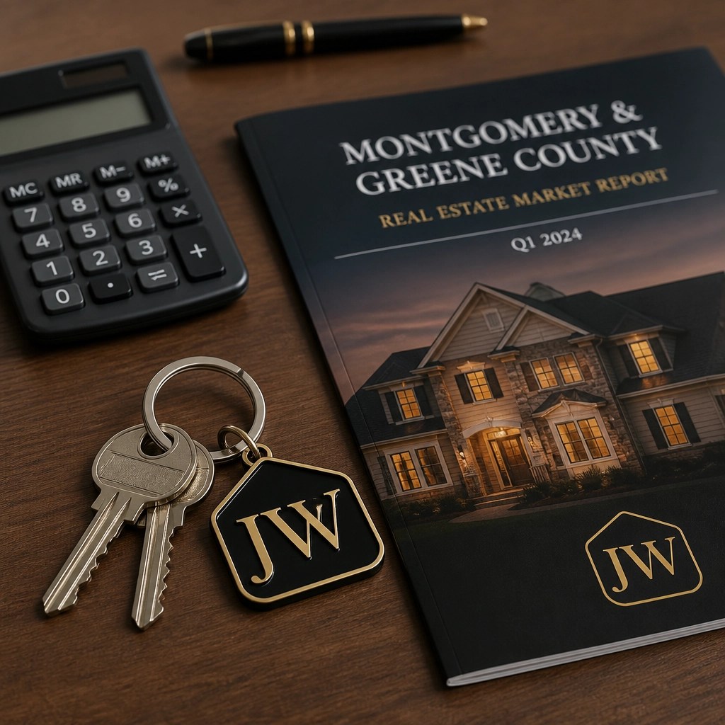 A professional close-up of a wooden desk featuring house keys, a calculator, and a real estate market report, suggesting a successful investment closing.