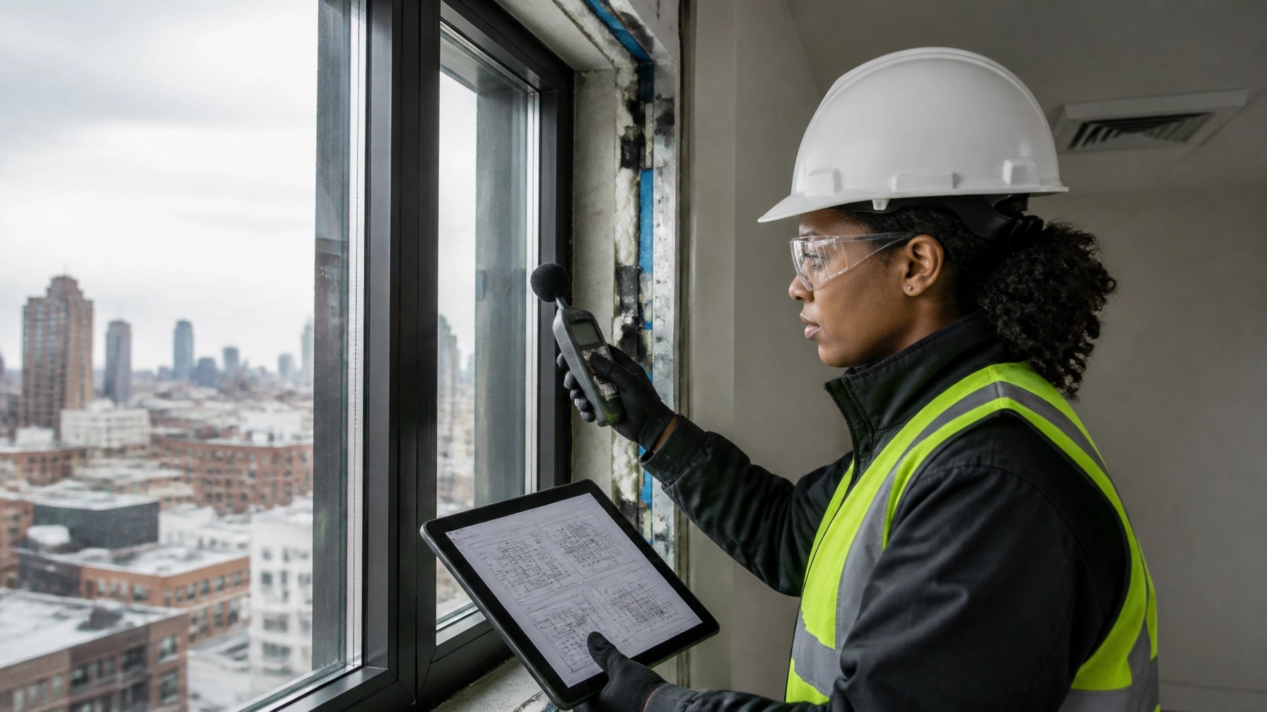 Field engineer documenting acoustic window installation and mechanical ventilation components
