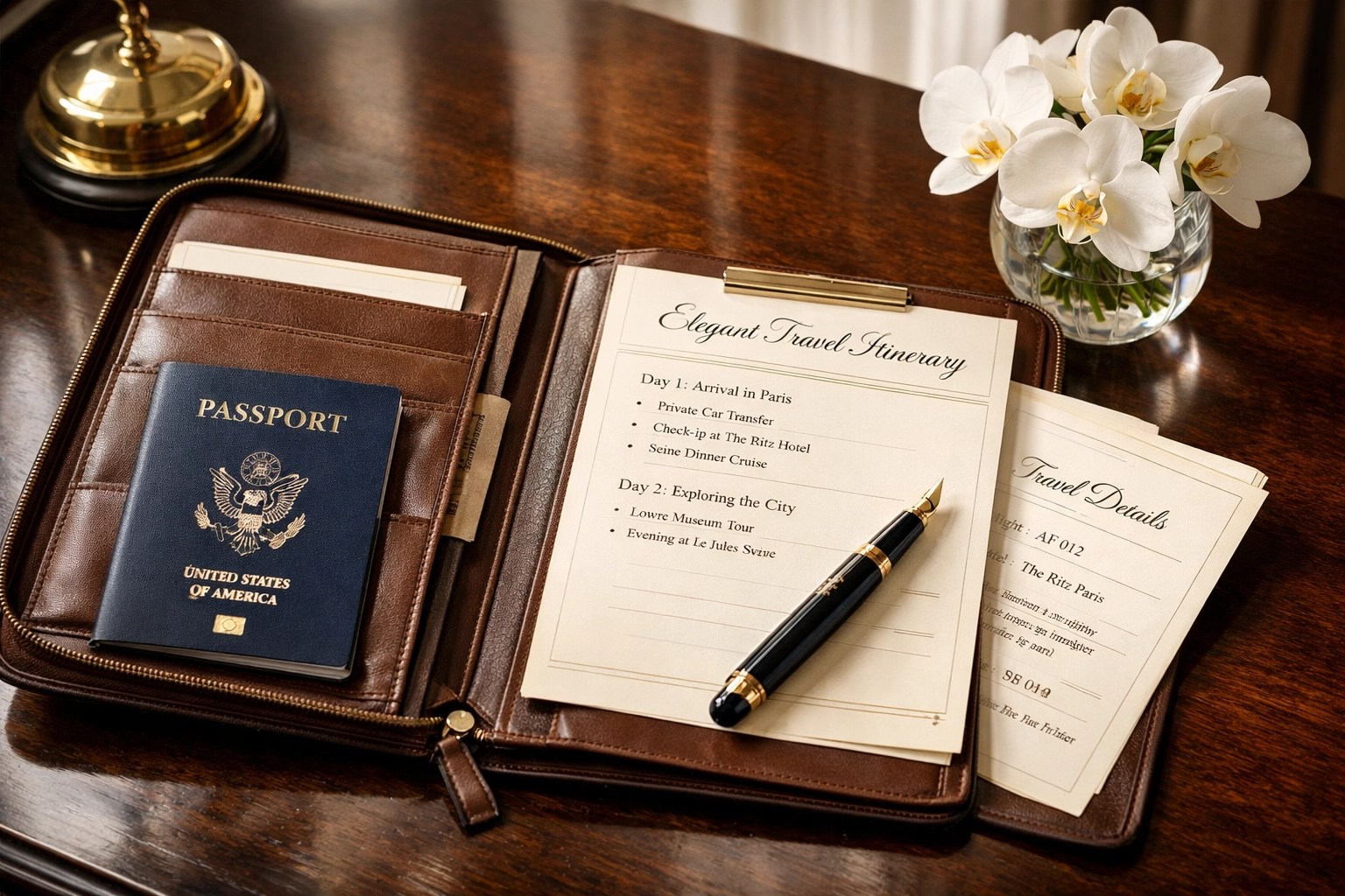 Travel concierge desk with luxury itinerary planning documents and passport