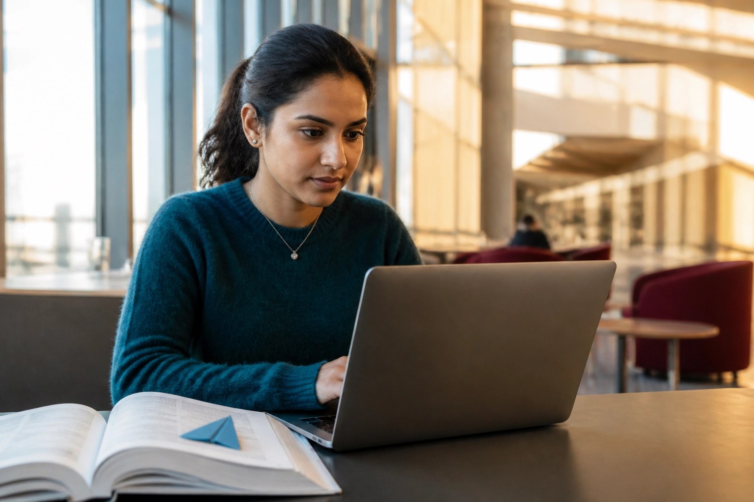Student using a laptop in a library lounge to master professional writing and AI tools for college success.