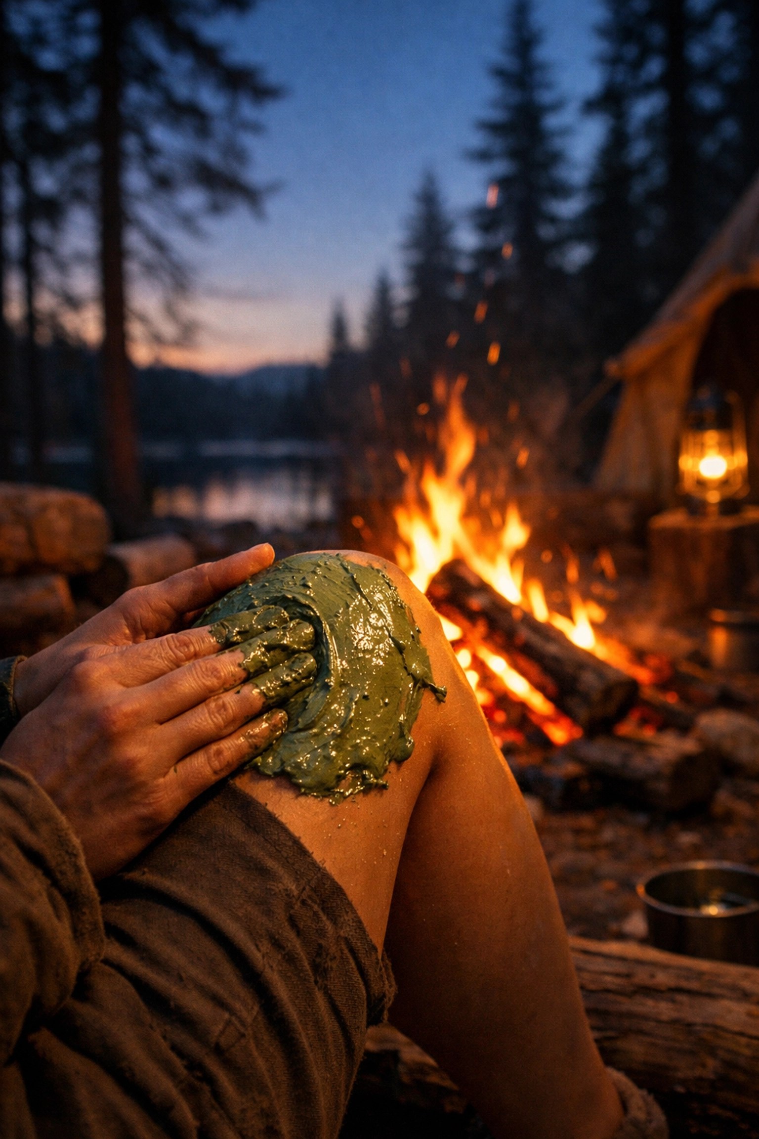 Applying green clay to a sore knee by a campfire for natural muscle and joint recovery.