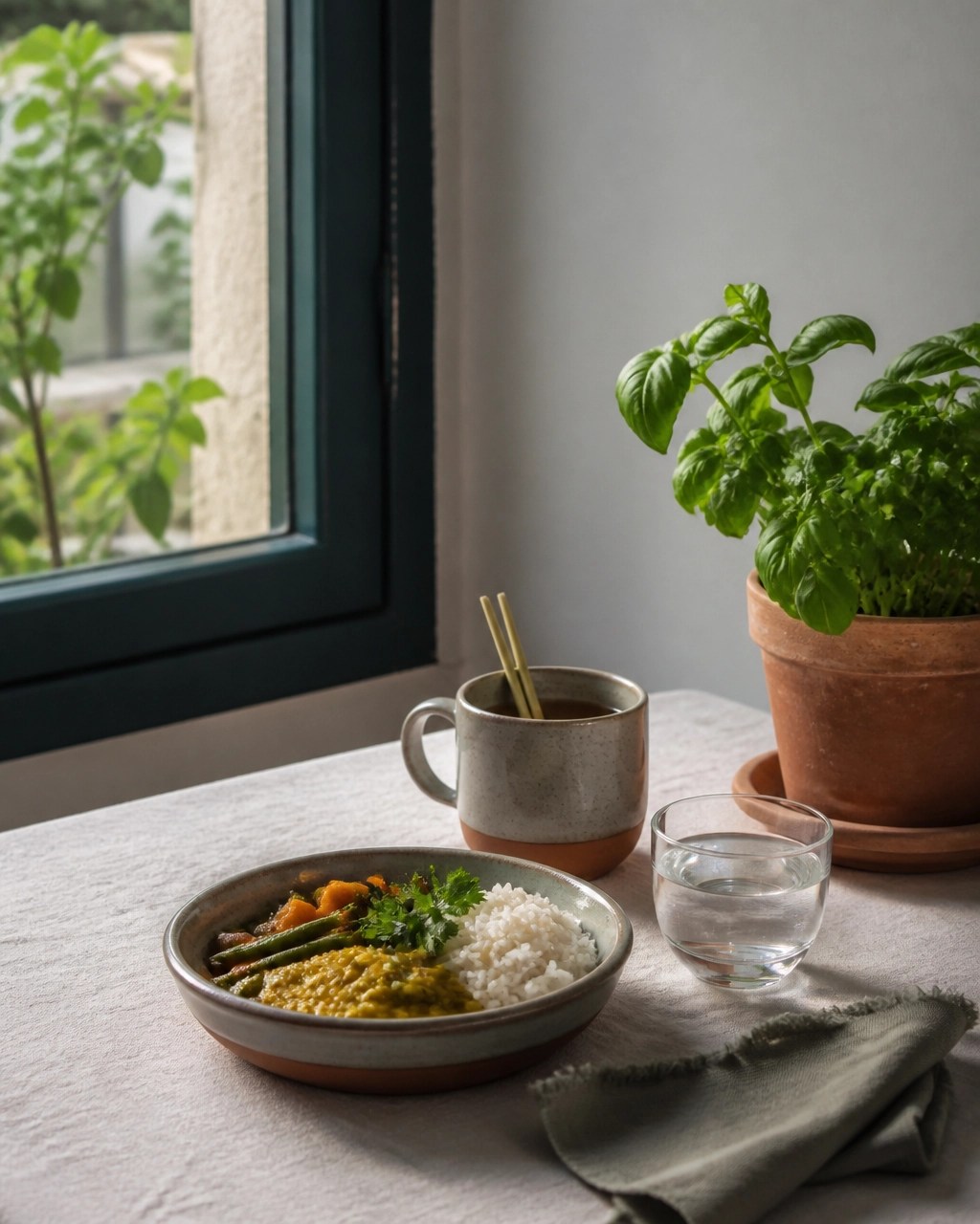 Rutina consciente de mediodía con plato caliente, agua tibia, infusión de limoncillo, jengibre y albahaca