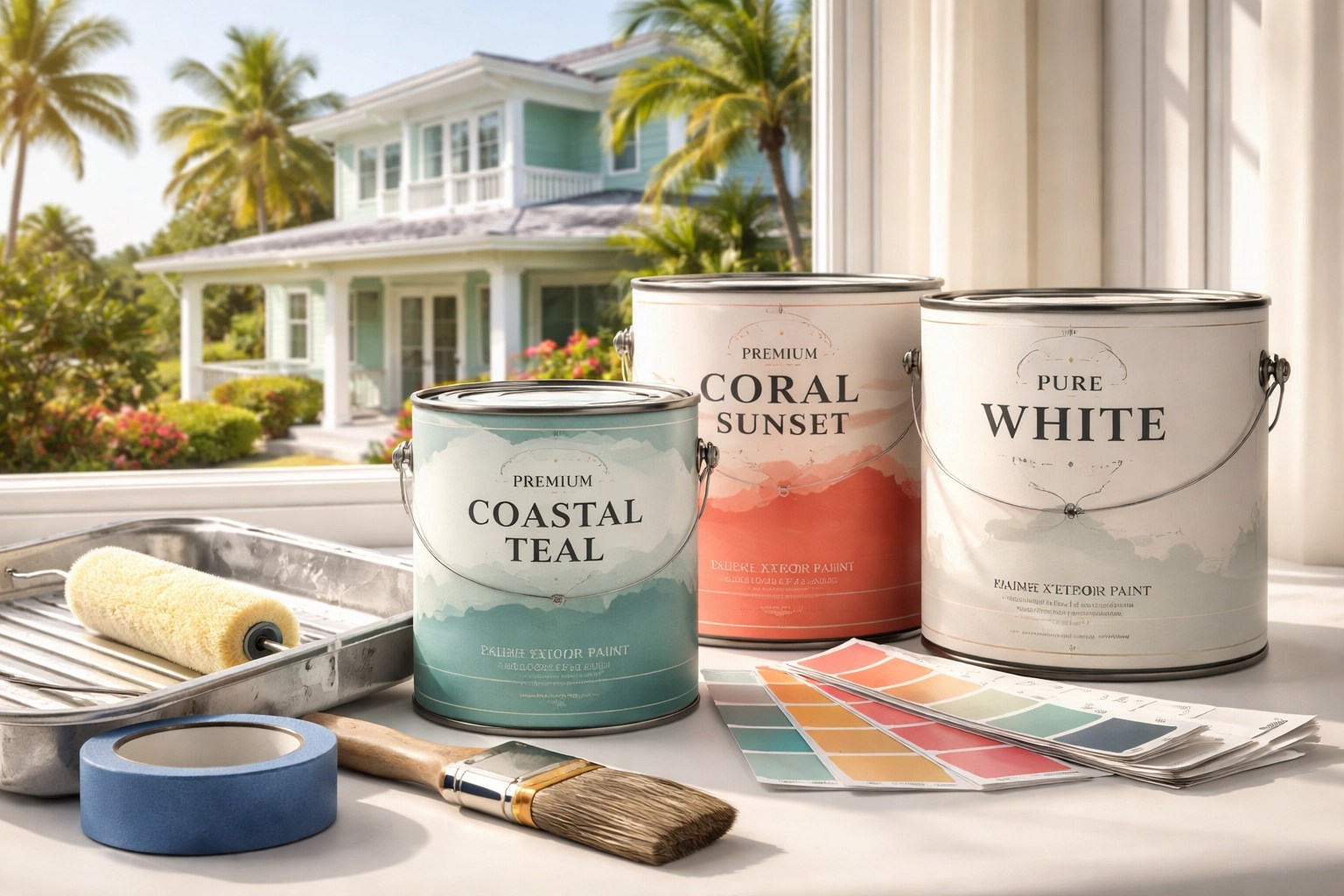 High-quality exterior paint cans and tools staged for a Treasure Coast home painting project in natural sunlight