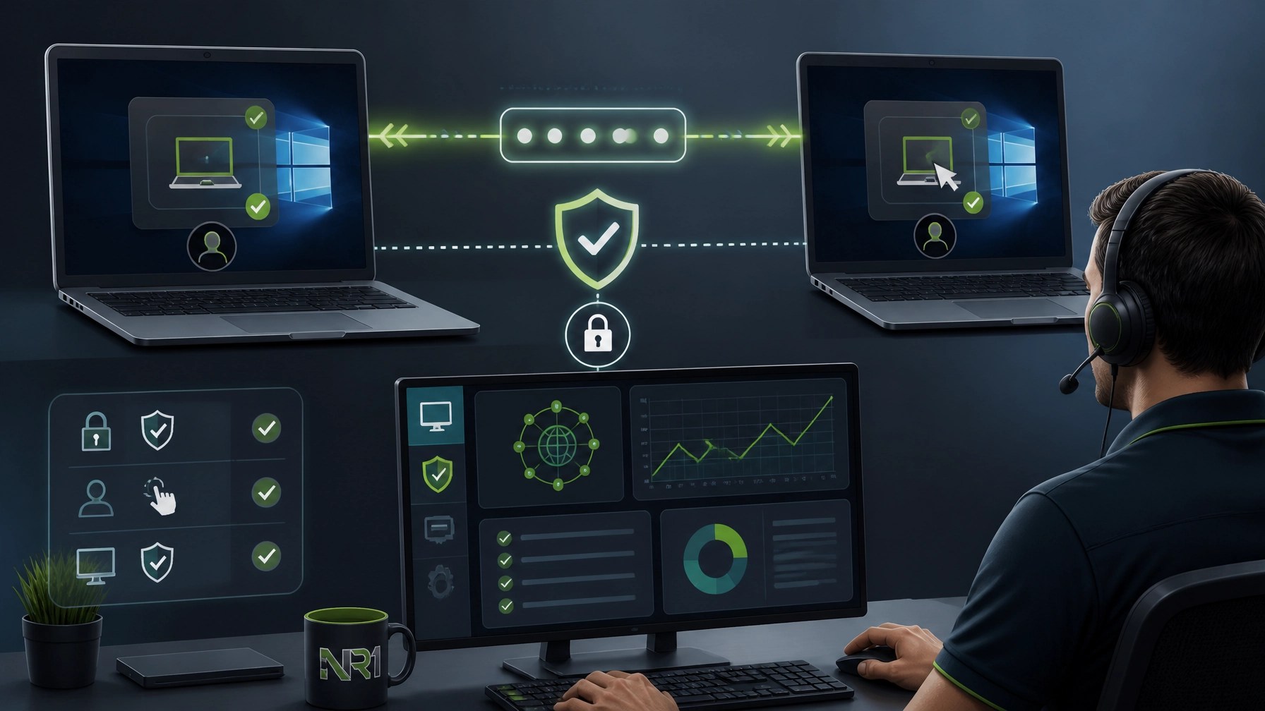 Secure Microsoft Quick Assist connection between two laptops with permission and cybersecurity graphics