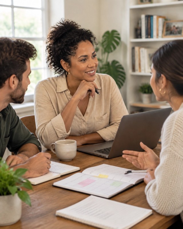 Small business CEO and team reviewing meeting notes, priorities, and customer follow-up tasks