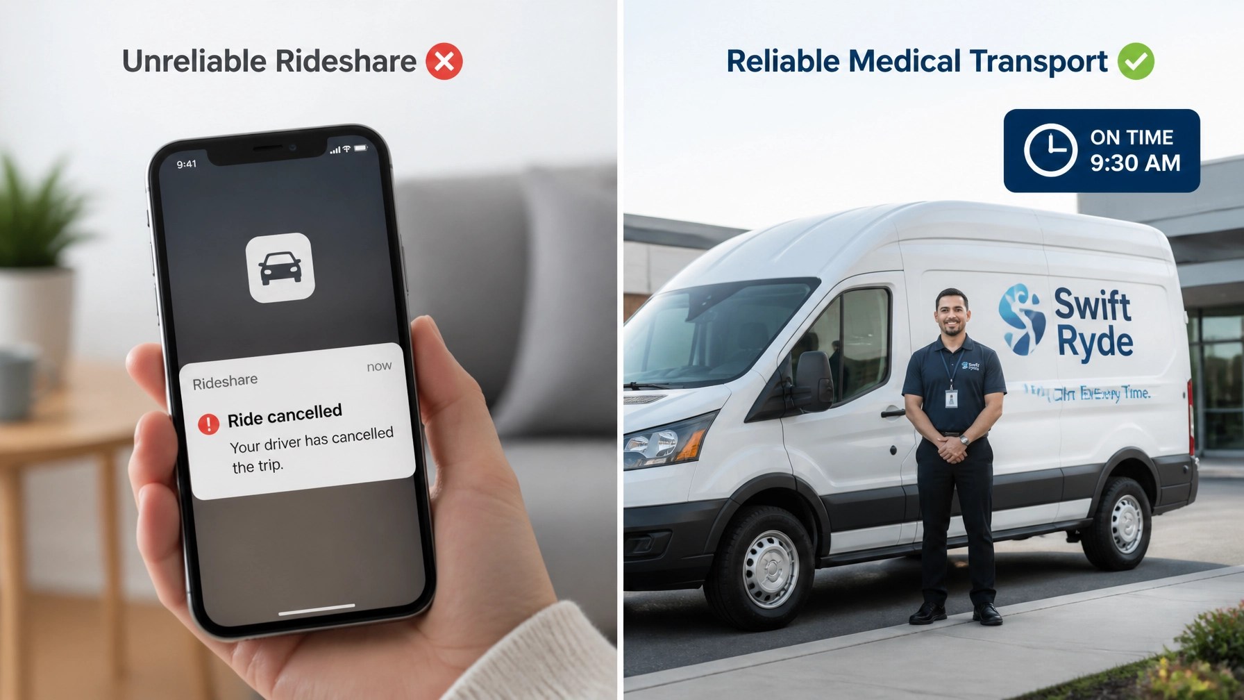 A comparison showing the uncertainty of rideshare apps versus the reliability of a professional NEMT service