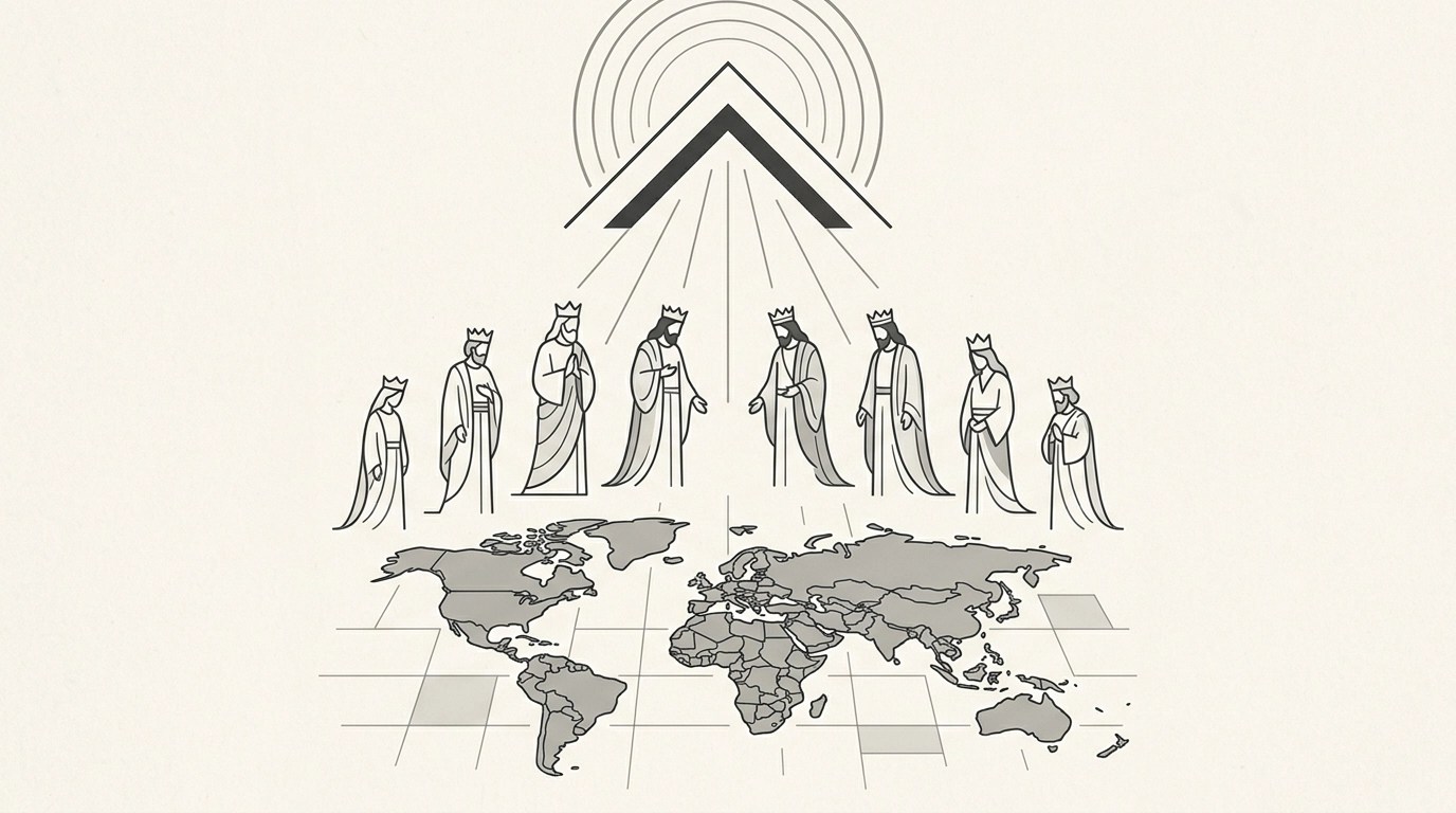 Minimalist editorial illustration of Divine Council members over the nations.