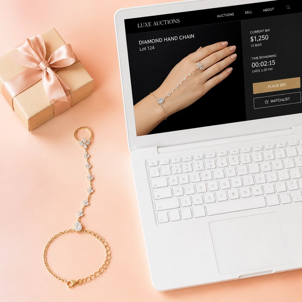Hand chain next to an auction bidding screen on a laptop