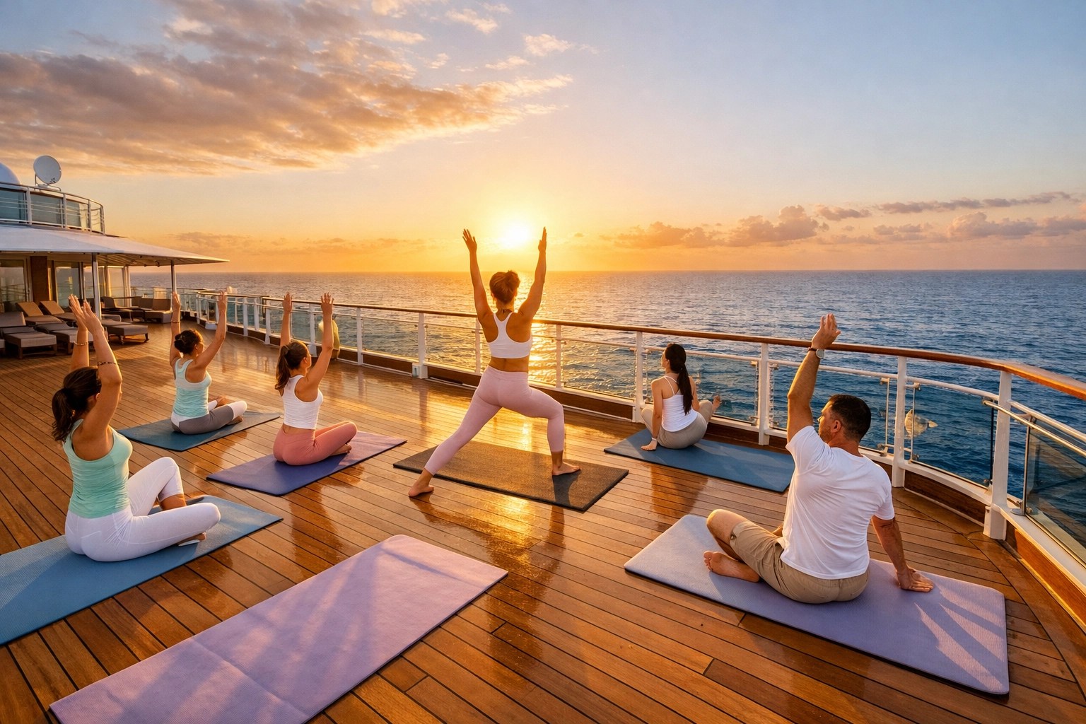 Sunrise yoga class on luxury cruise ship deck with ocean views and wellness programming
