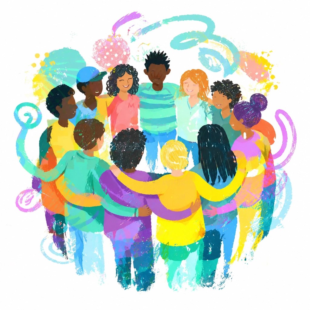 A circle of diverse people representing the unity of the Body of Christ