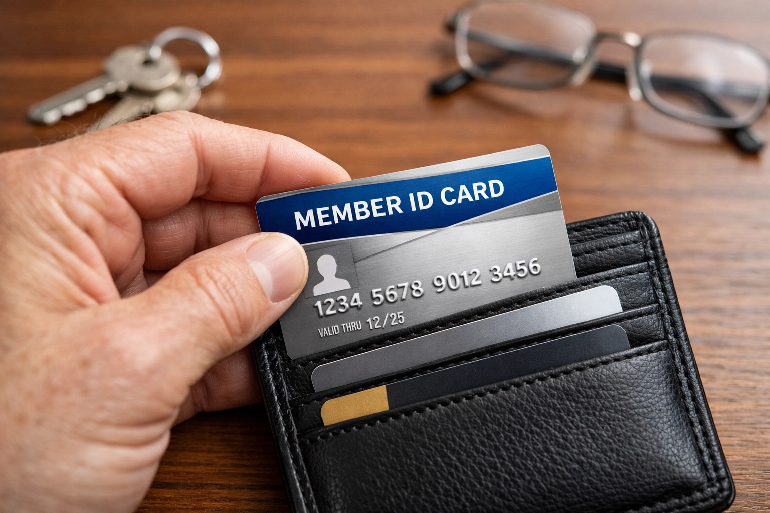 Senior citizen selecting their Medicare Advantage member ID card from a wallet for healthcare services.