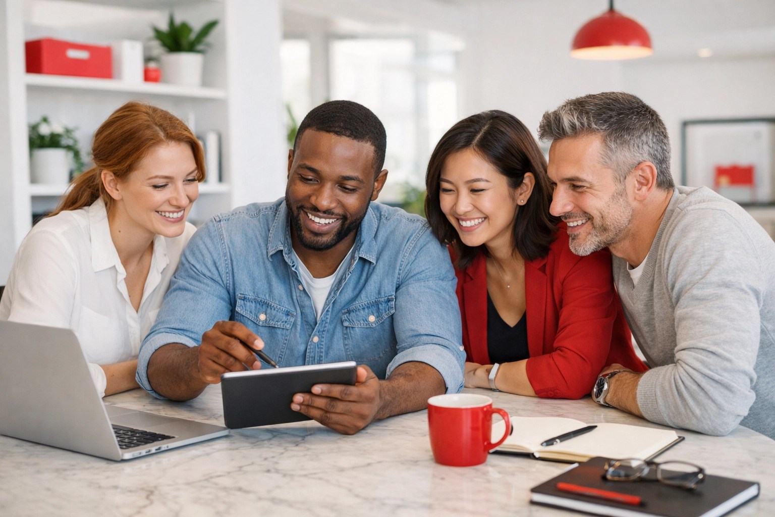 A diverse team collaborating in a modern office, showcasing effective non-profit delegation.