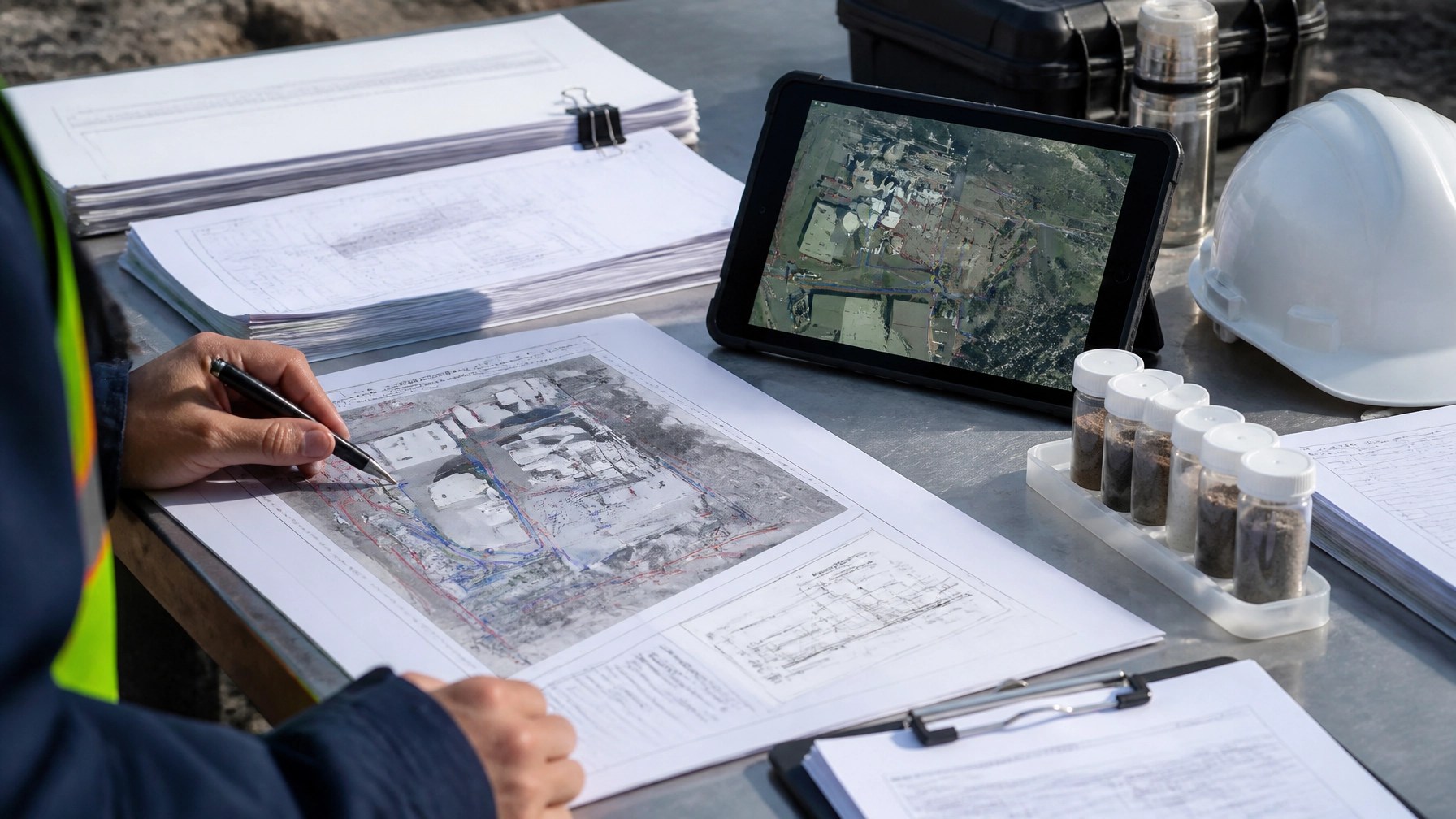 Environmental professional reviewing a remediation submittal package, field tablet, site plans, and soil sample vials