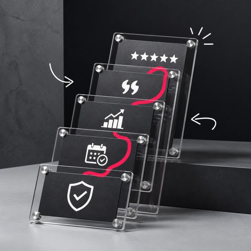 A stack of transparent cards showing review, testimonial, case-study, calendar, and trust symbols connected by a bold magenta-red line