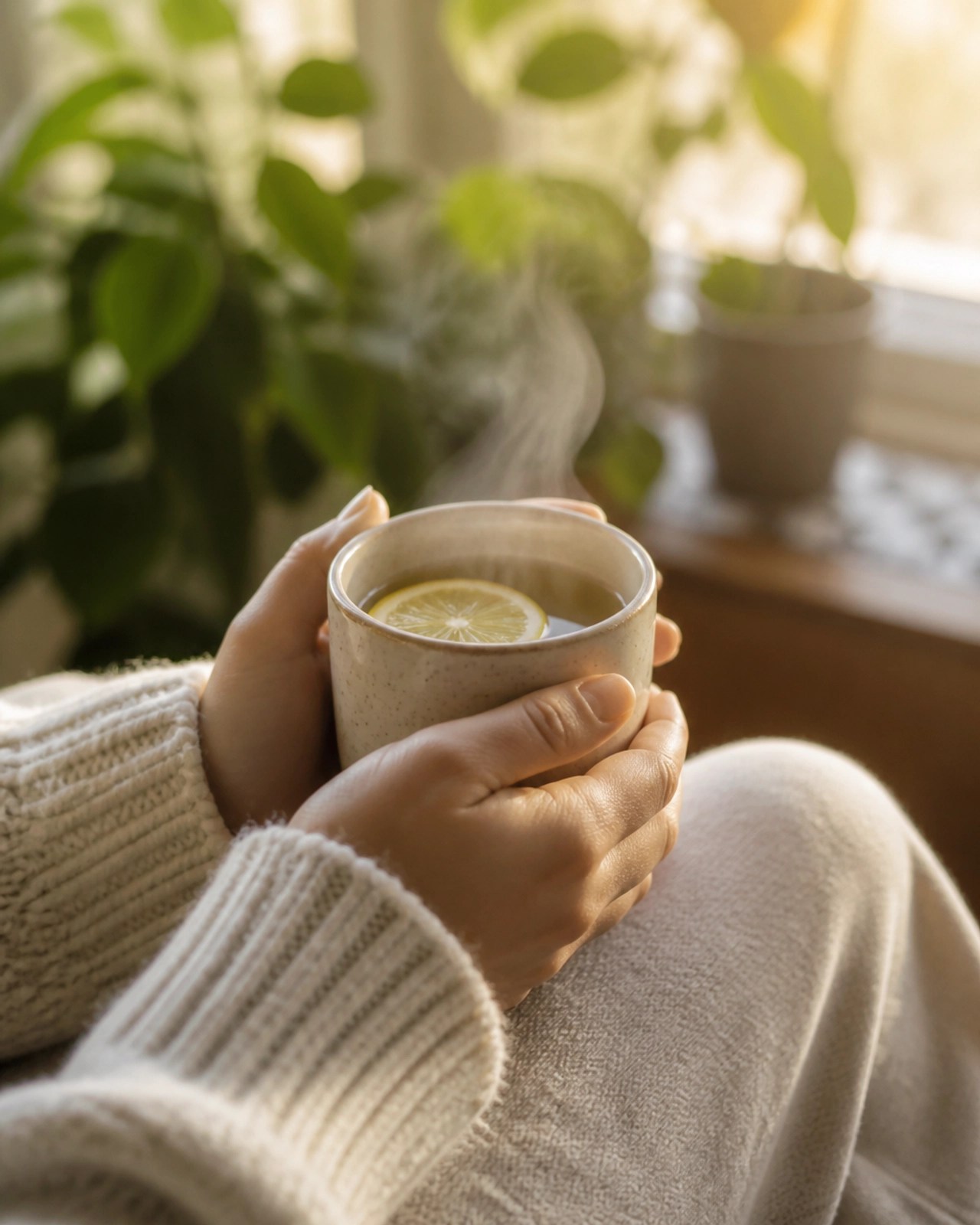 A person’s hands holding a ceramic mug of warm water with lemon, in a sunlit, tranquil indoor setting.
