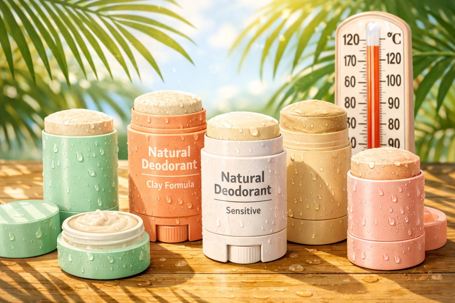 Natural deodorants on wooden surface with thermometer showing high temperature in tropical setting