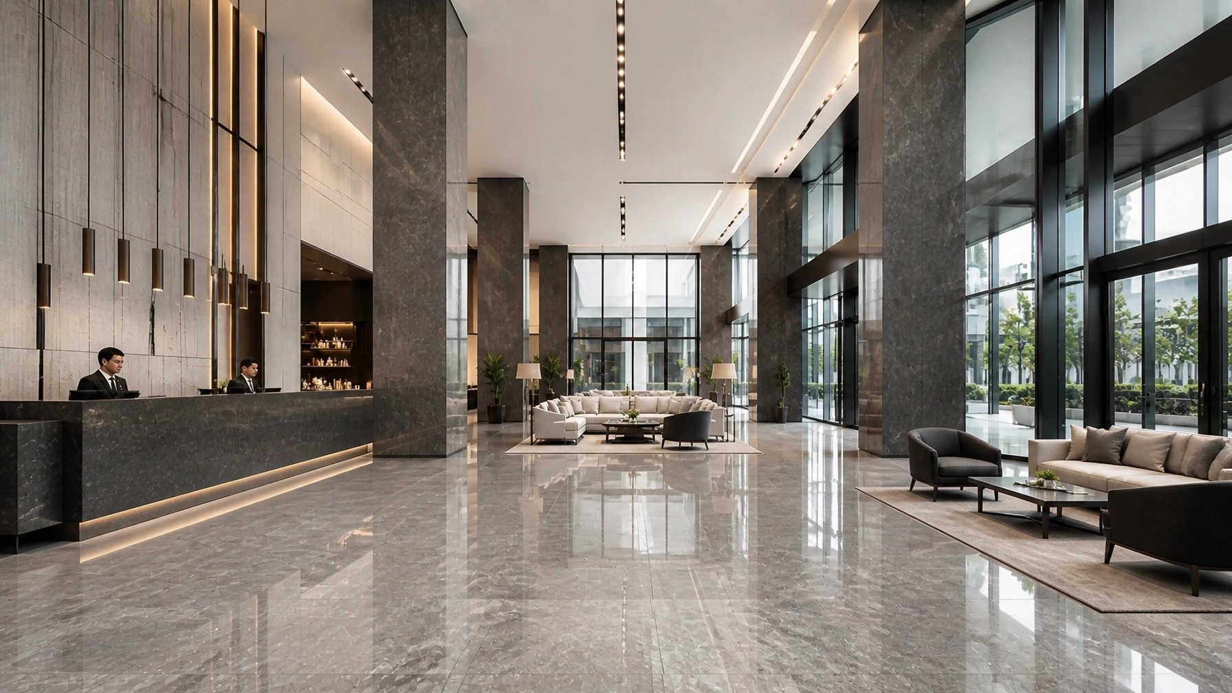 Hotel lobby used to showcase hospitality spaces online Wide hotel lobby with open space and clear lighting