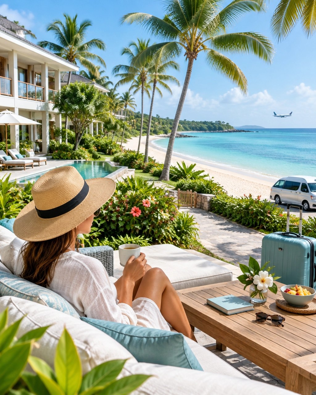 Elegant low-rise Caribbean hotel with tropical gardens opening onto a calm turquoise beach