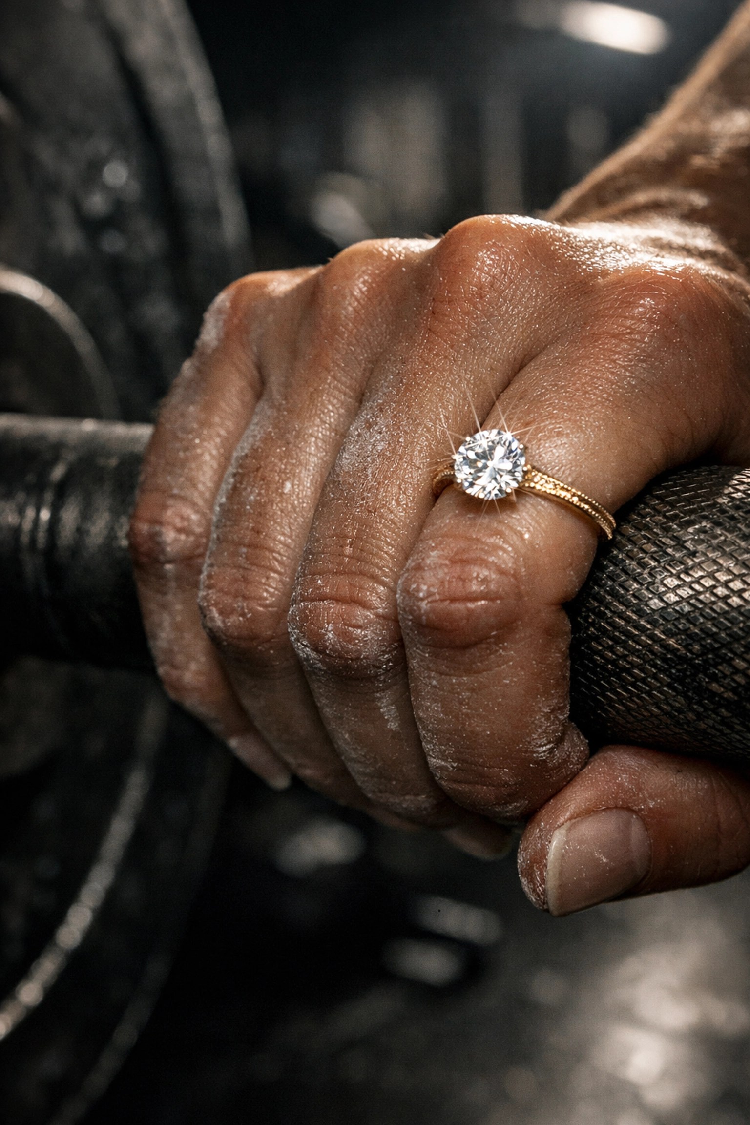 A diamond engagement ring hitting a steel barbell, illustrating the need for jewelry repair in Schaumburg IL.