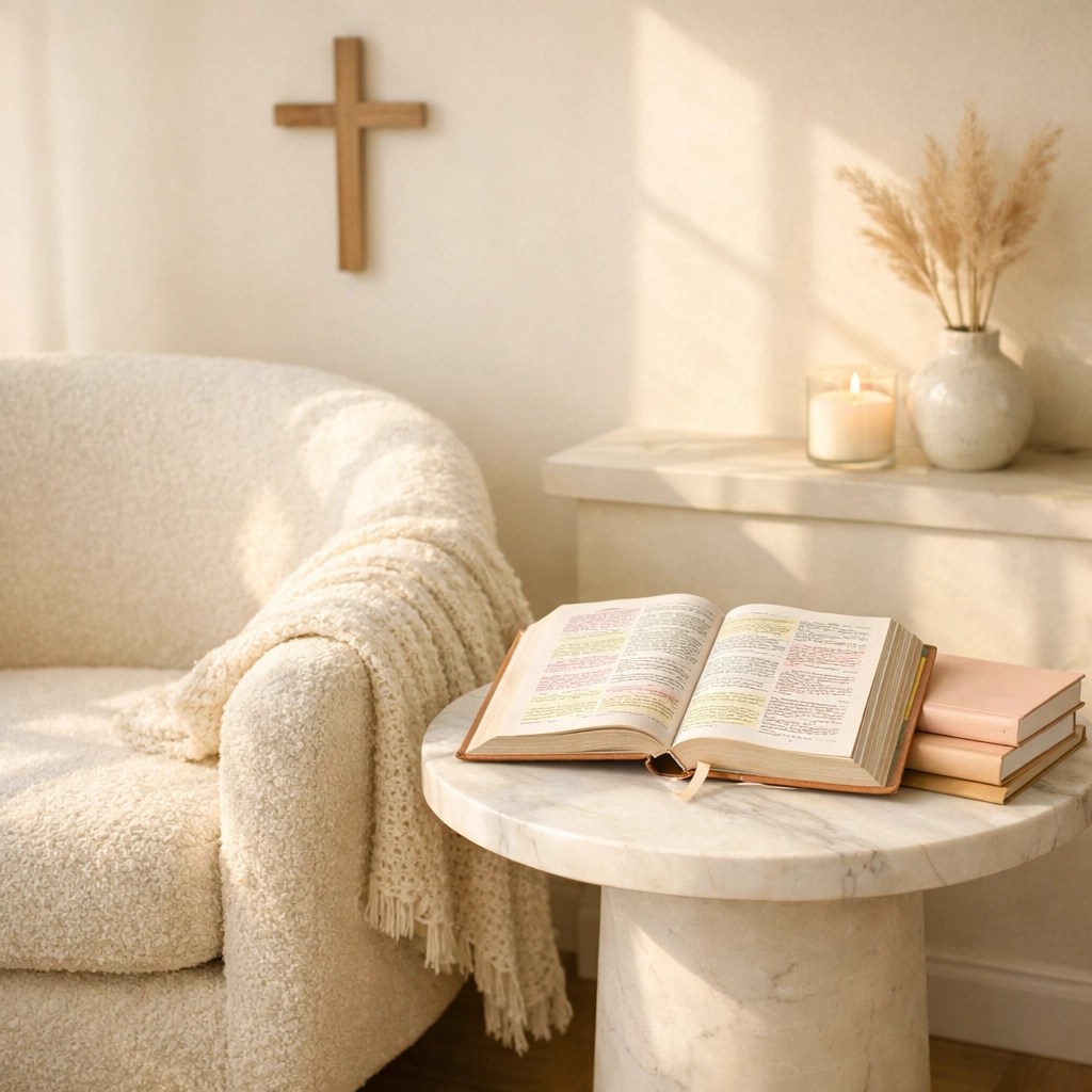 Cozy prayer nook with a white armchair and marble table holding an open Bible and journals for spiritual habits.