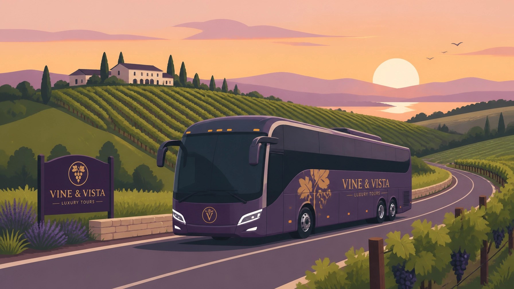 A stylized illustration of a luxury tour bus navigating the rolling hills of Northern Virginia