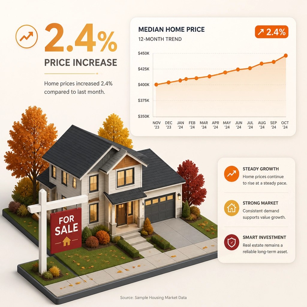 Isometric 3D illustration of a house with a chart showing a 2.4% price increase
