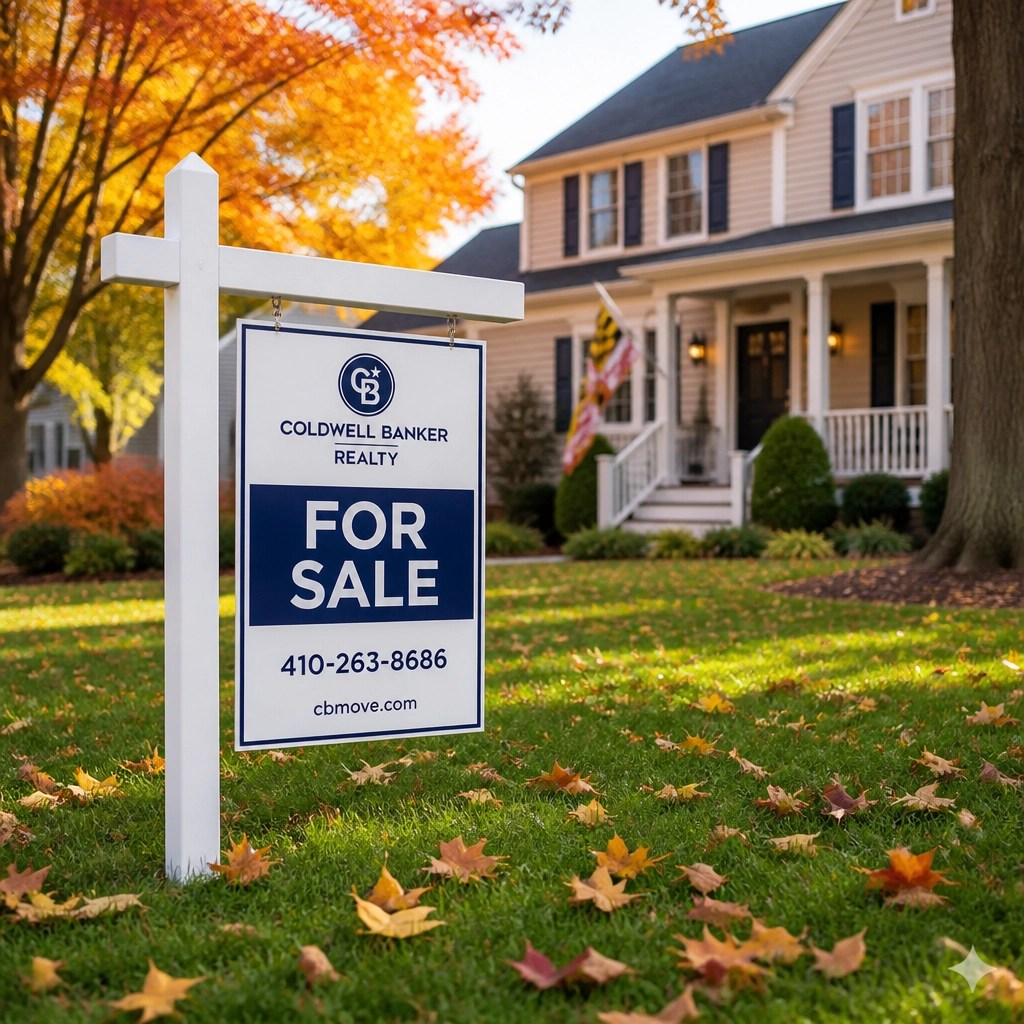A 'For Sale' sign in a Maryland yard surrounded by falling autumn leaves.